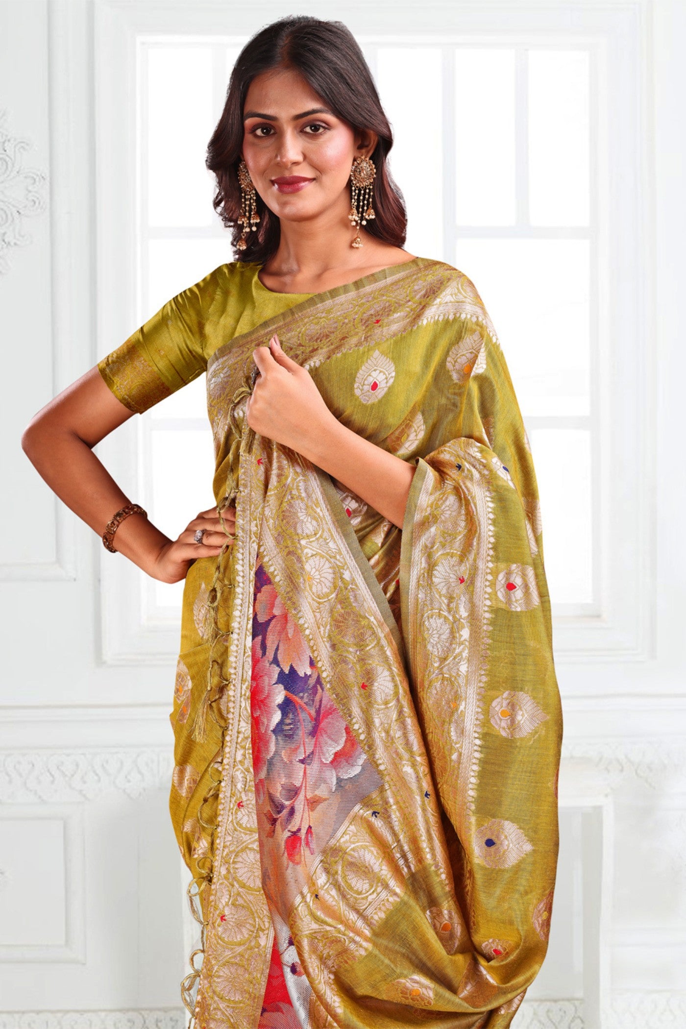 MySilkLove Mhendi Green Woven Linen Cotton Saree