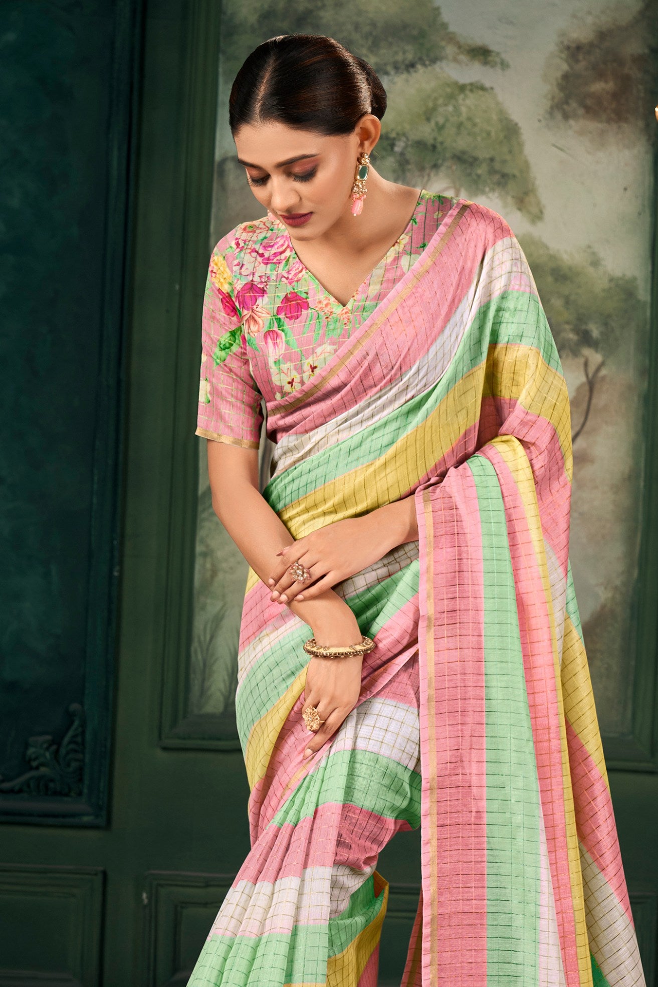 Buy MySilkLove Heathered Green Chanderi Linen Saree Online