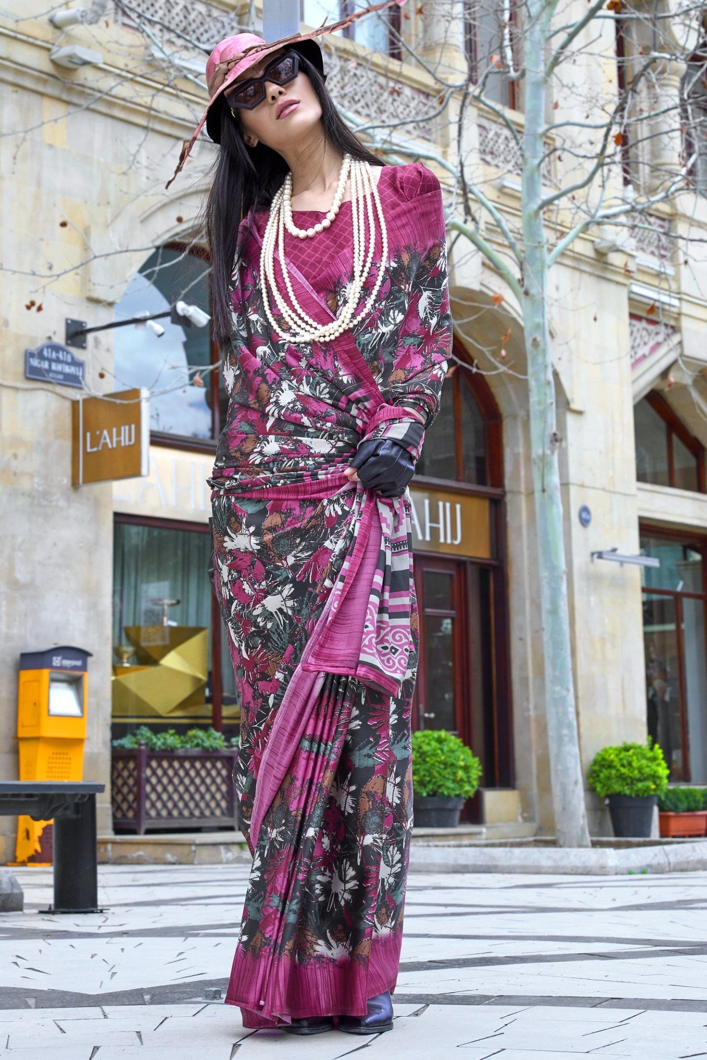 Buy MySilkLove Berry Pink and Brown Printed Satin Crepe Silk Saree Online