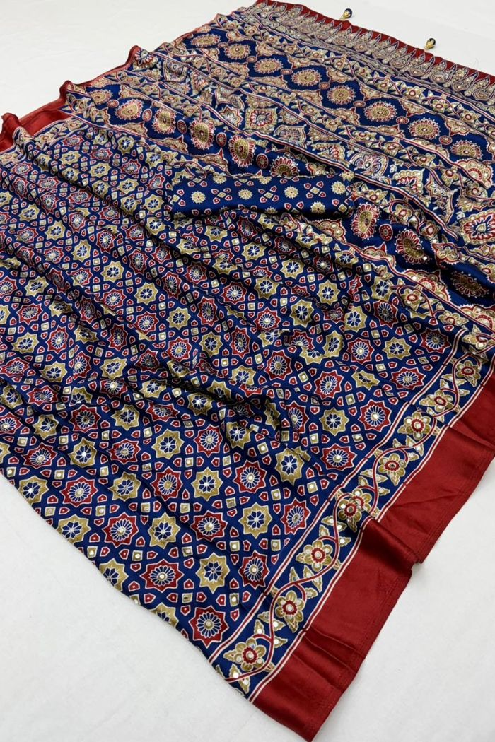 Buy MySilkLove Evergreen and Red Modal Ajrakh Satin Printed Mirror Work Saree Online