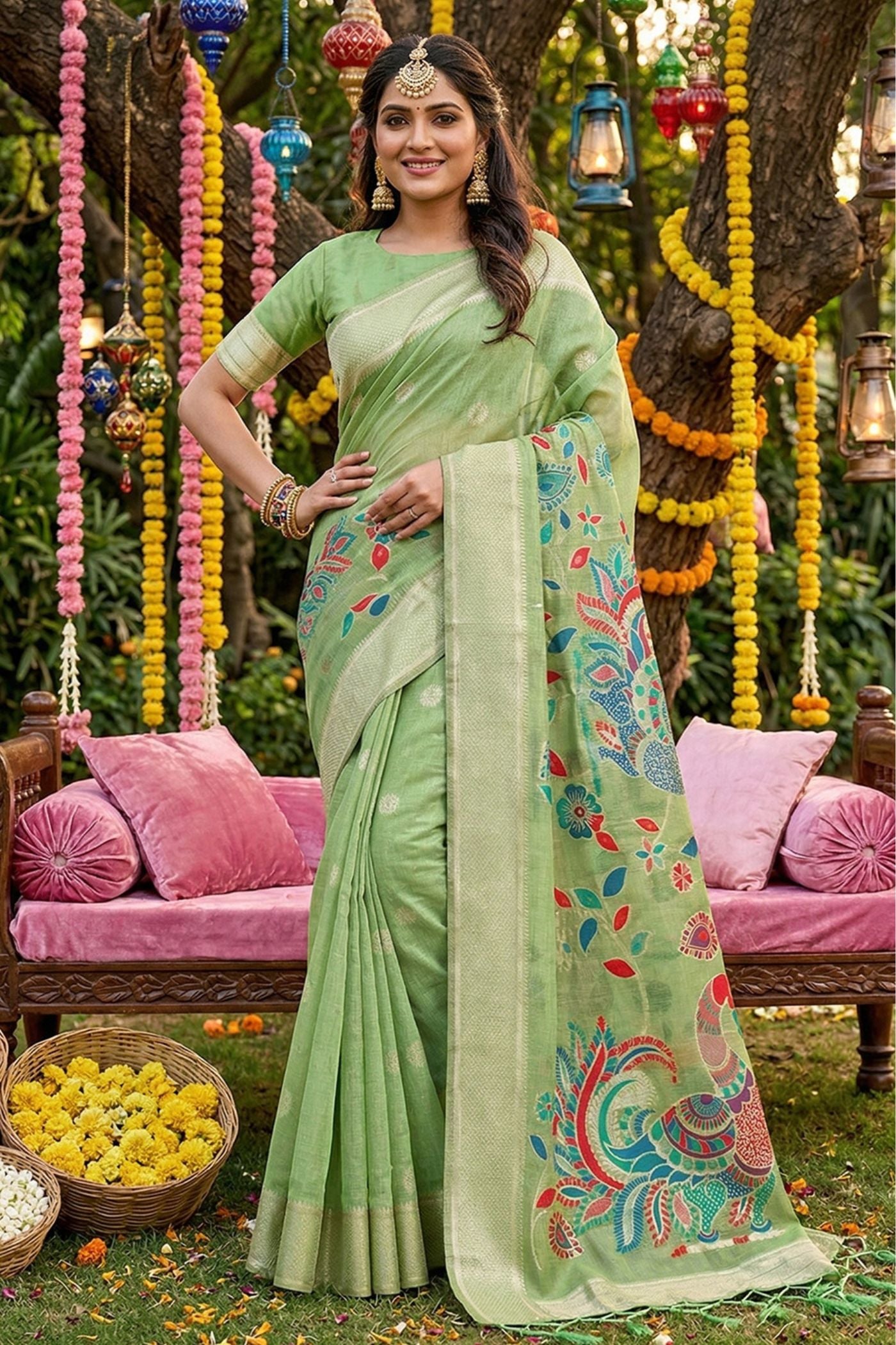 Buy MySilkLove Pista Green Woven Linen Cotton Saree Online