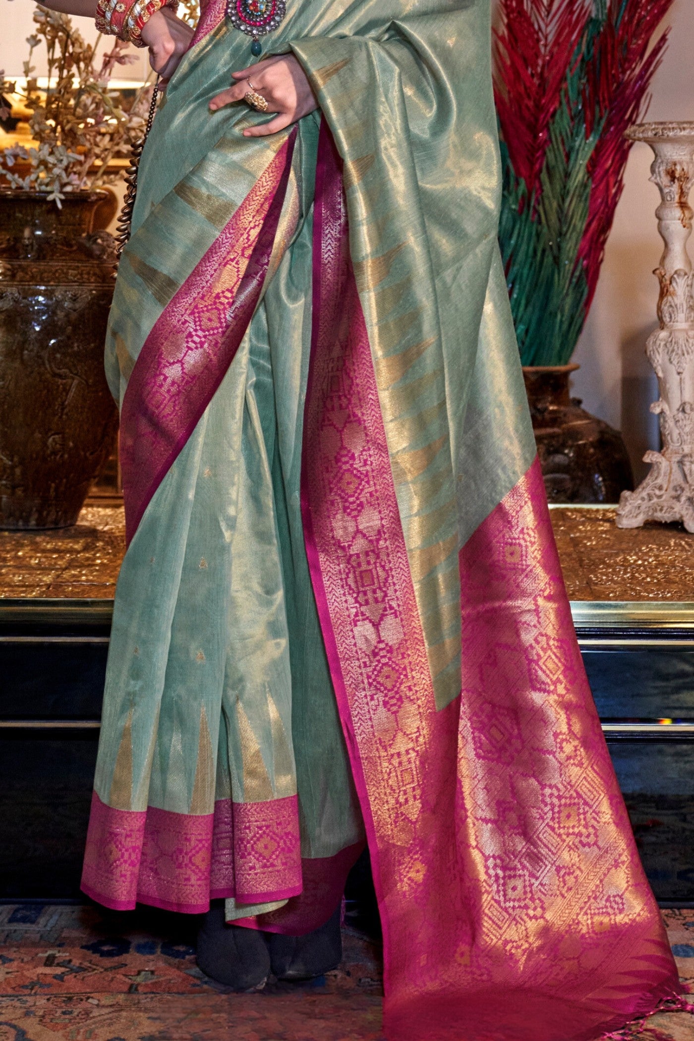 Buy MySilkLove Pine Green Woven Tissue Silk Saree Online