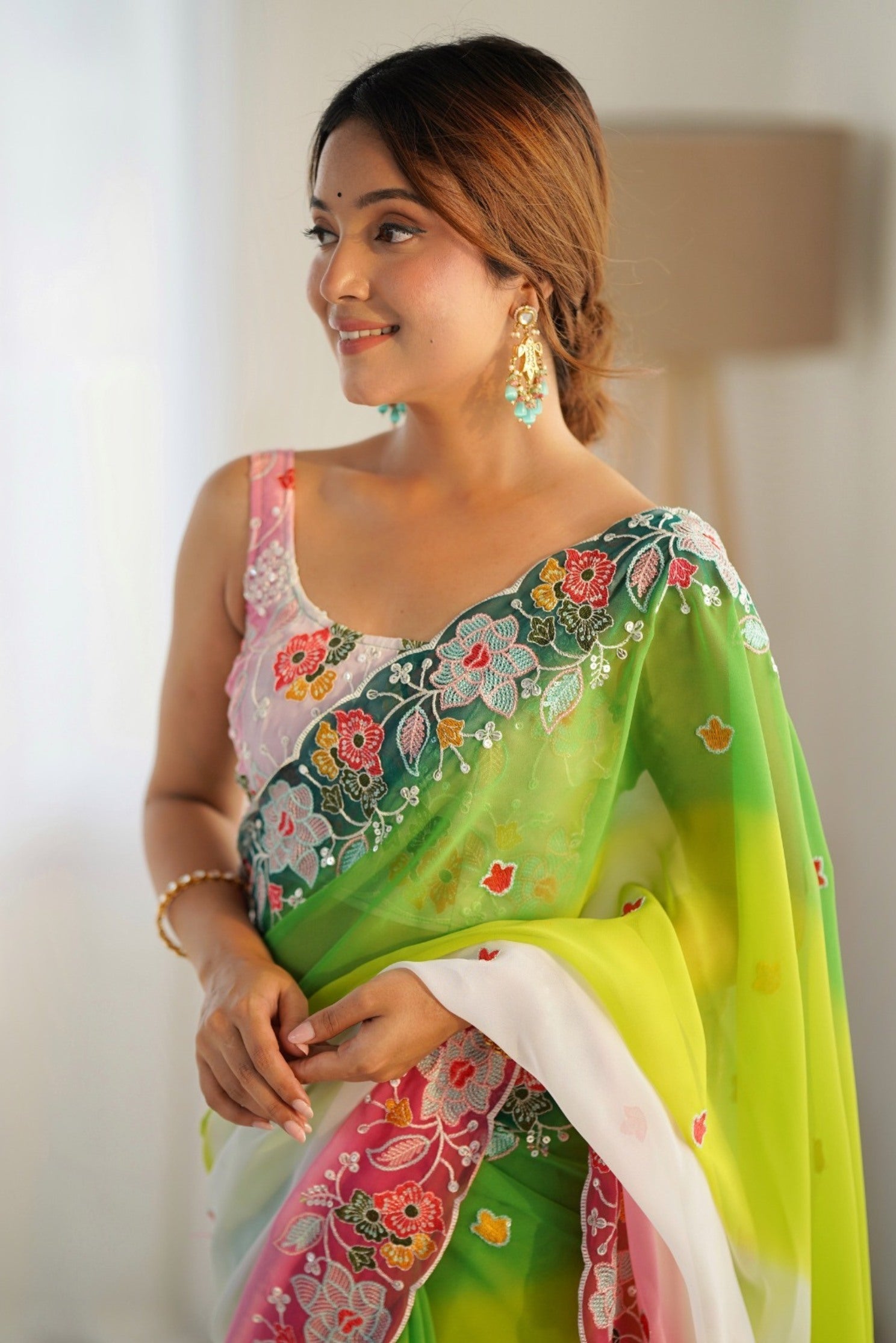 MySilkLove Parrot Green and White Georgette Saree