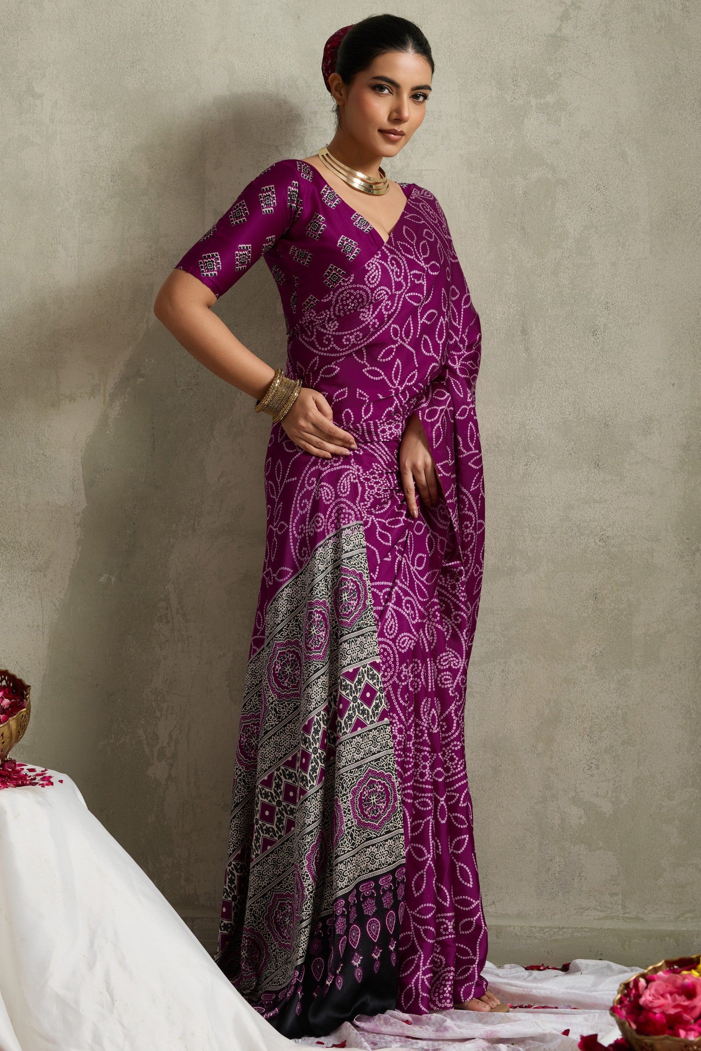 Buy MySilkLove Jamun Purple Bandhani Printed Silk Saree Online