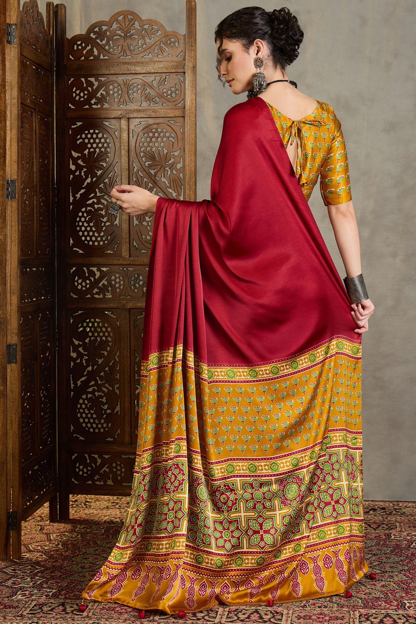 Buy MySilkLove Brick Red and Yellow Ajrakh Printed Satin Crepe Silk Saree Online