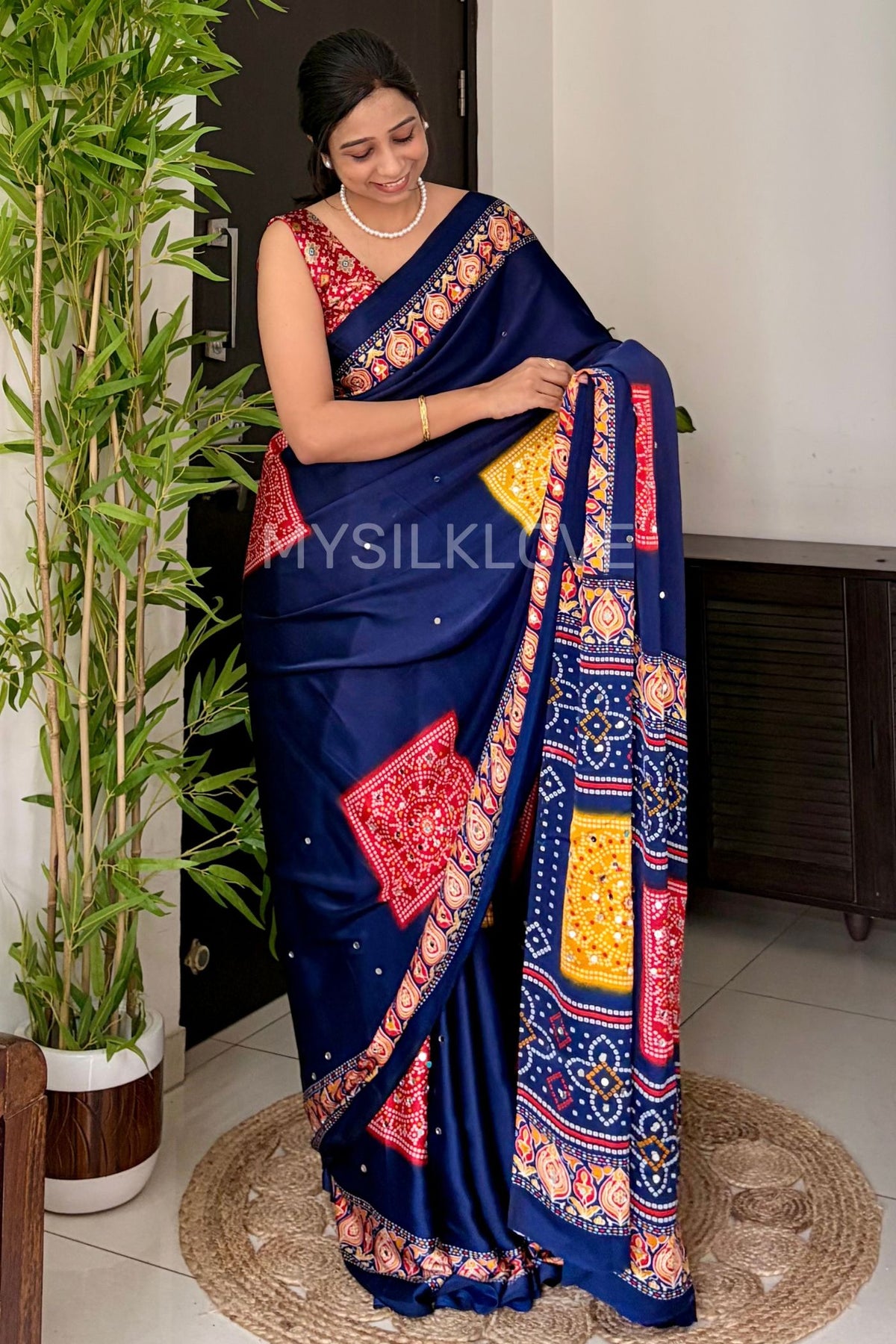 Buy MySilkLove Bluebell Blue Satin Printed Bandhani Mirror Work Saree Online