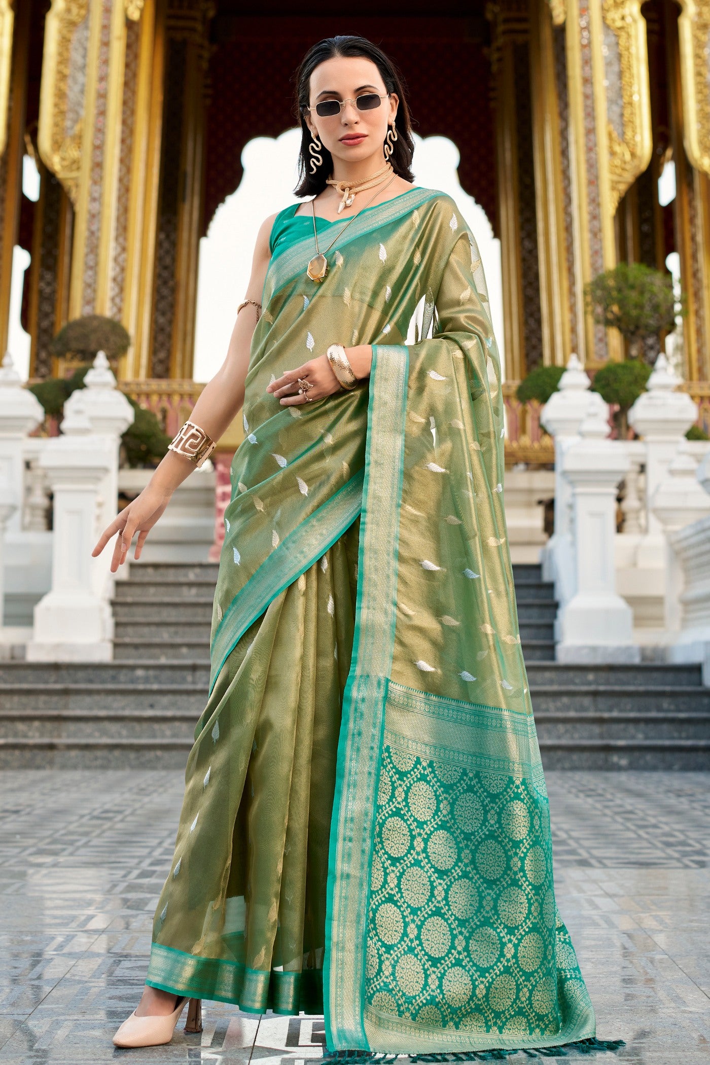 Buy MySilkLove Sapling Green Tissue Silk Saree Online