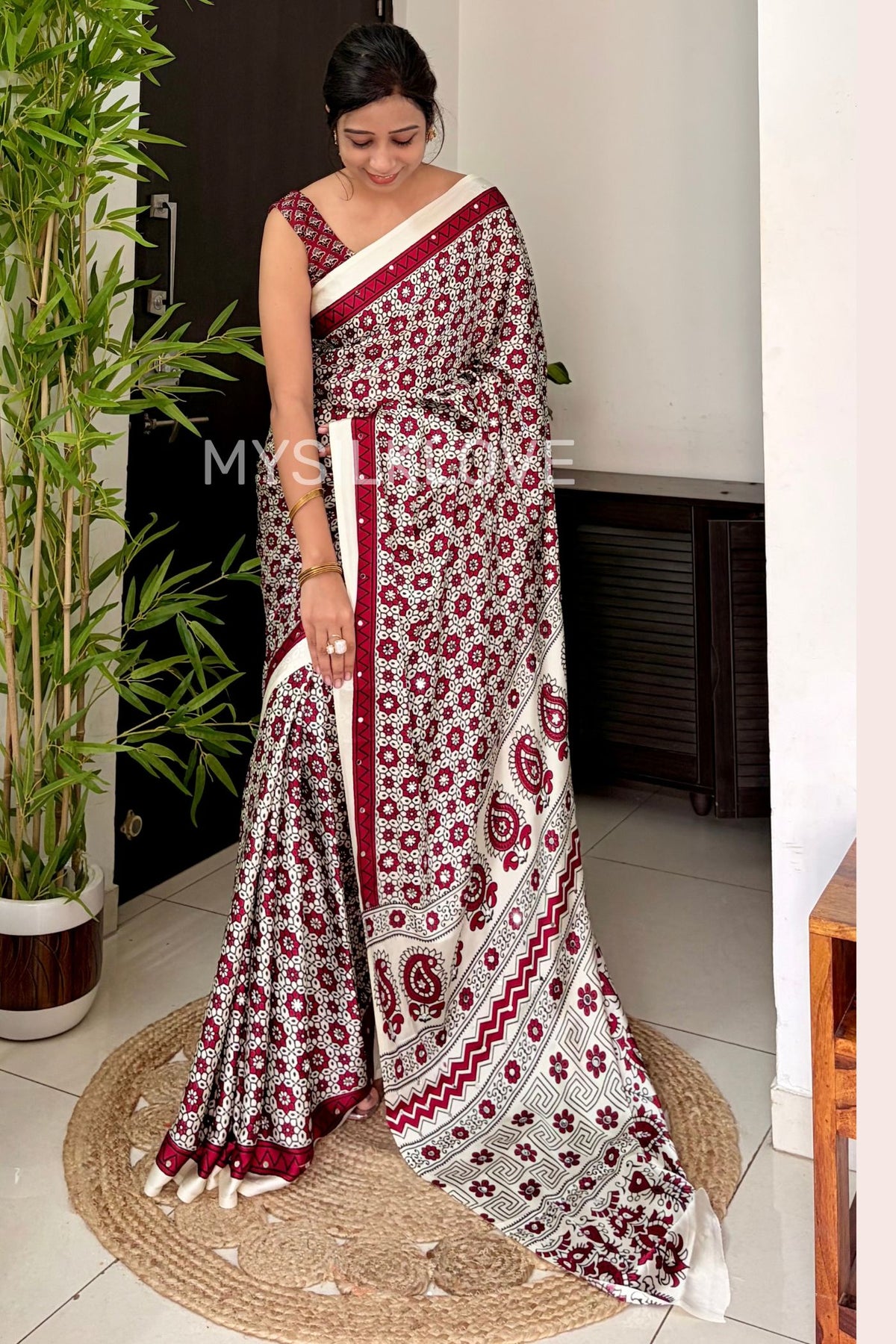 Buy MySilkLove Buttercream and Maroon Satin Printed Mirror Work Saree Online