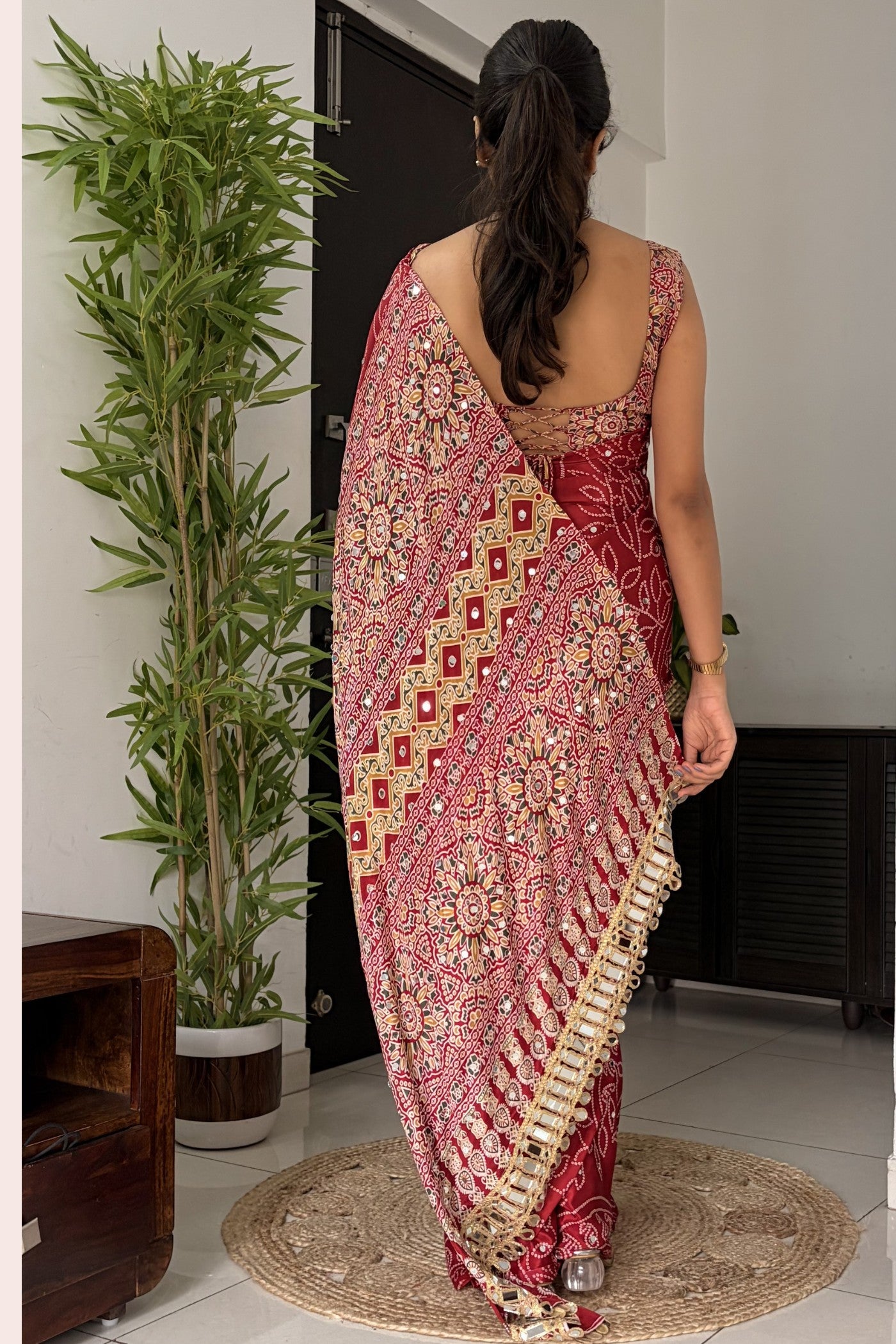 Buy MySilkLove Bittersweet Red Modal Ajrakh Satin Printed Mirror Work Saree Online