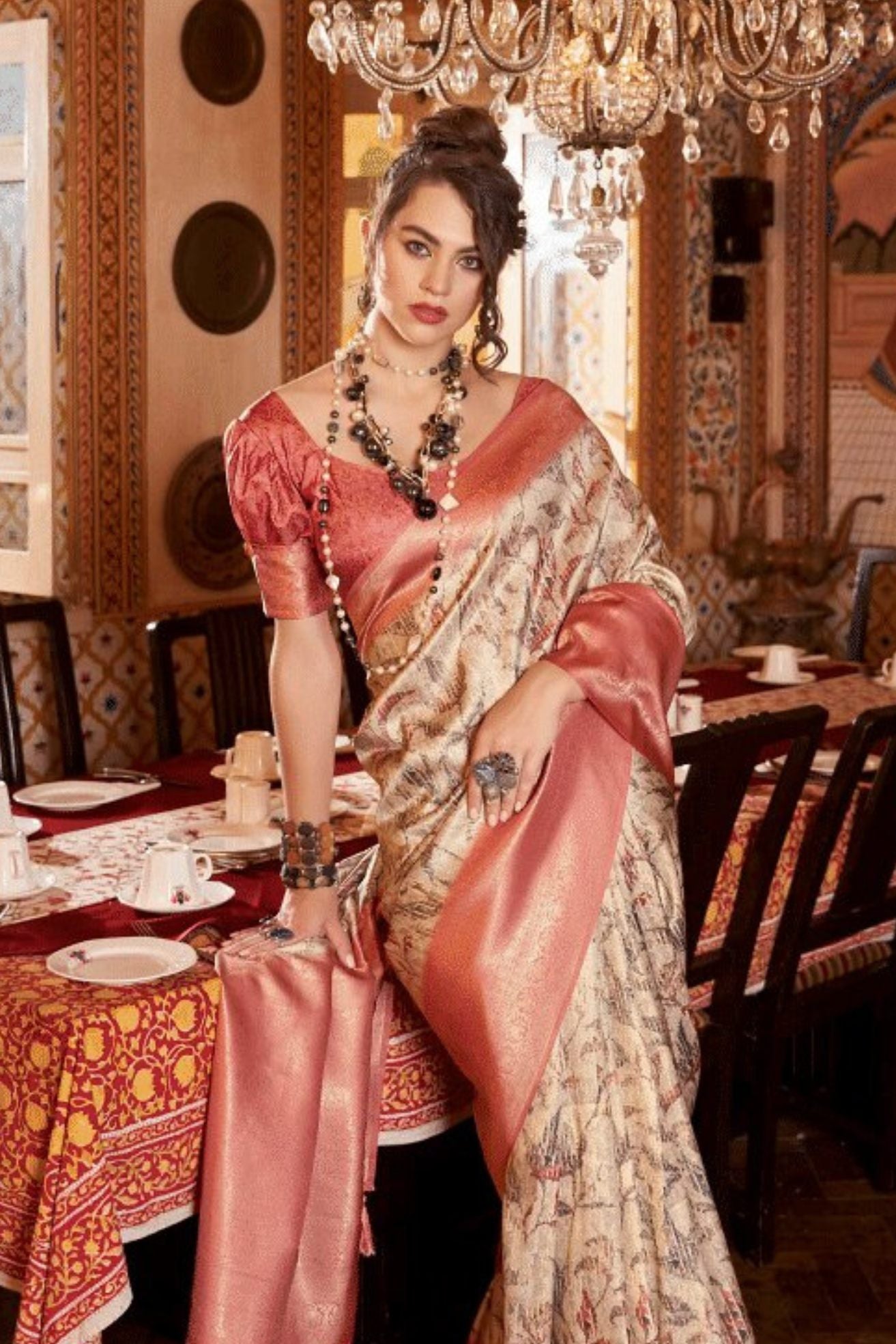 Buy MySilkLove Copper Peach Banarasi Digital Printed Saree Online