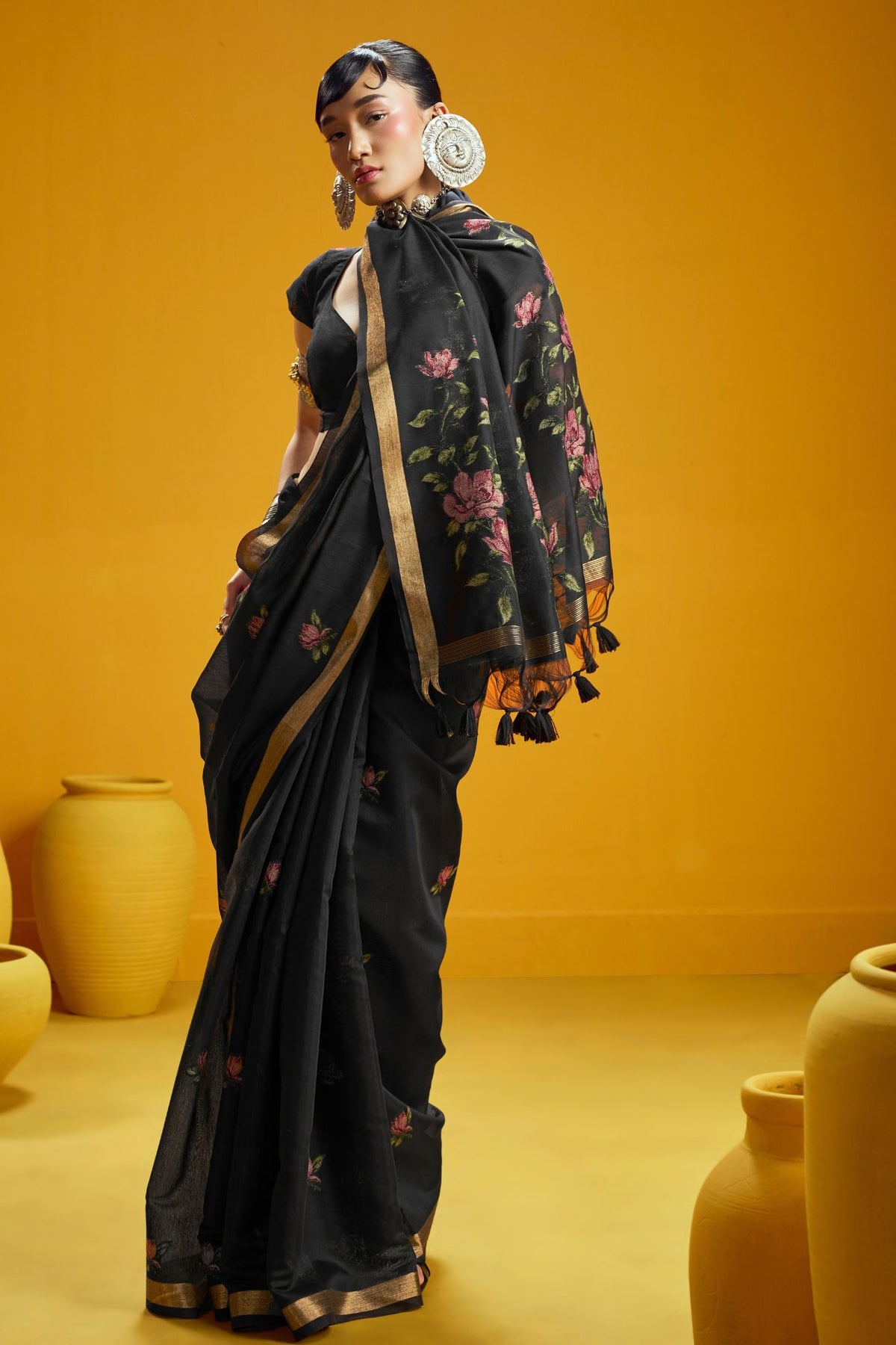 Buy MySilkLove Jet Black Handloom Muga Cotton Saree Online
