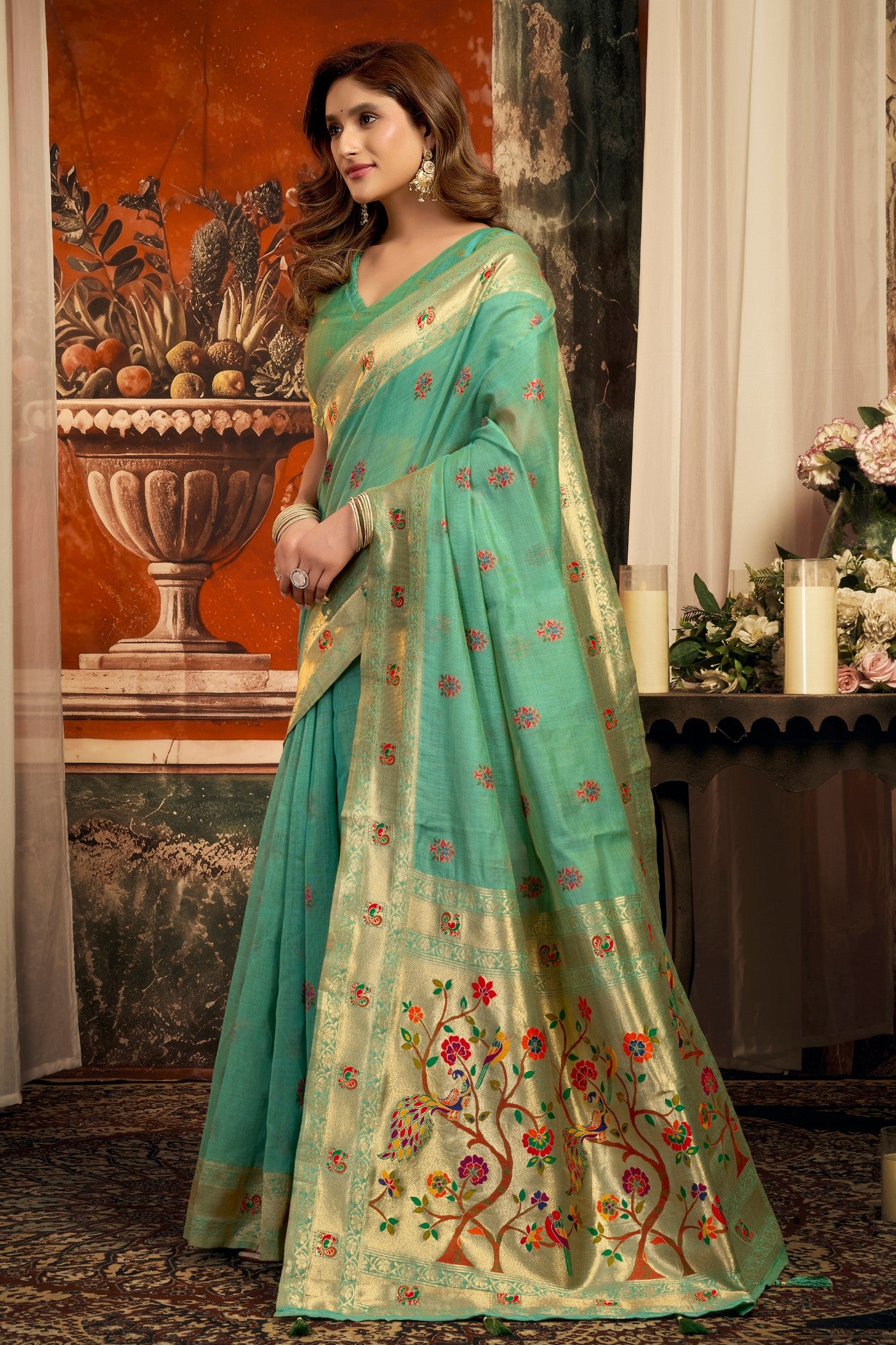 Buy MySilkLove Teal Green Zari Woven Paithani Saree Online
