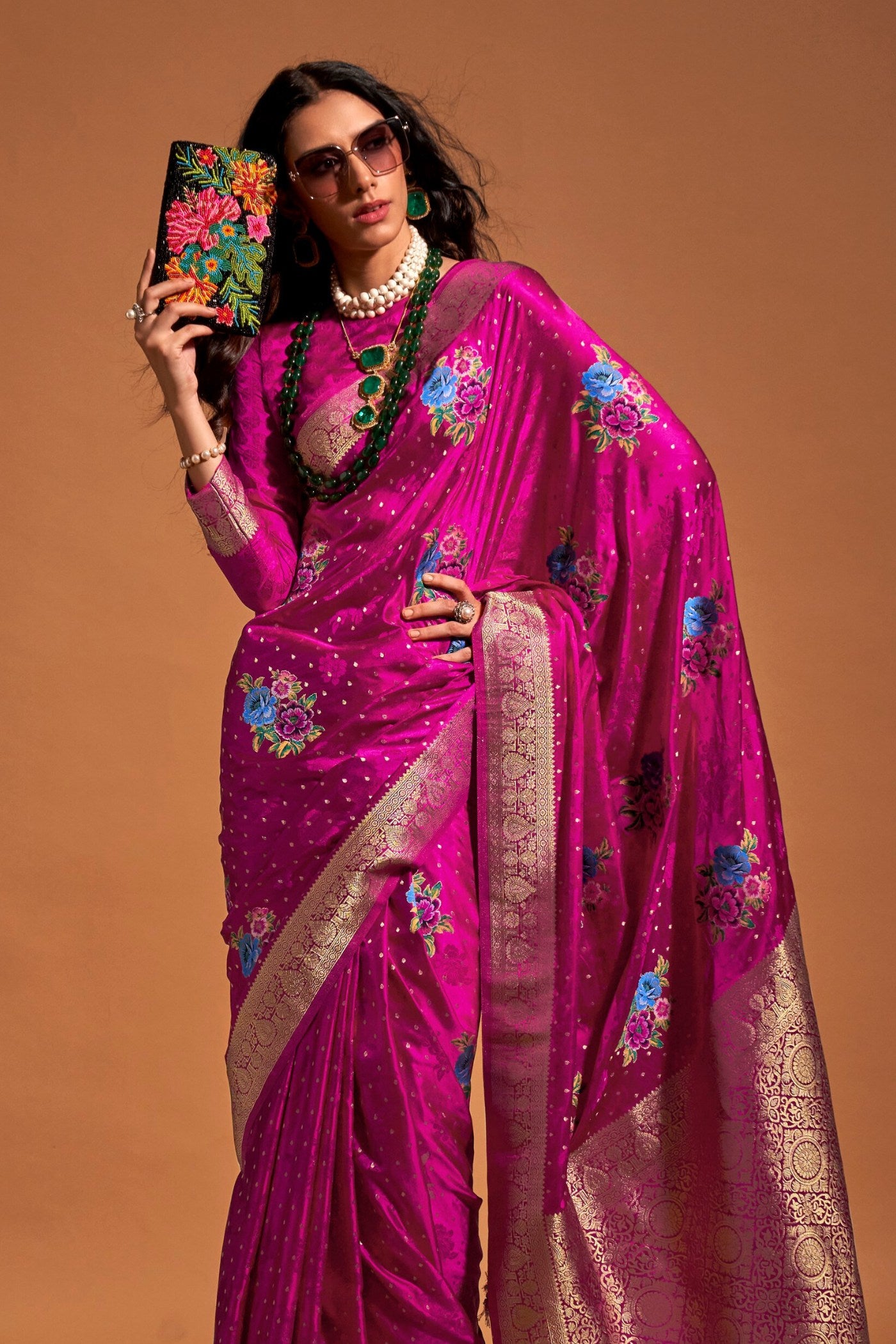 Buy MySilkLove Cerise Pink Handloom Satin Silk Saree Online