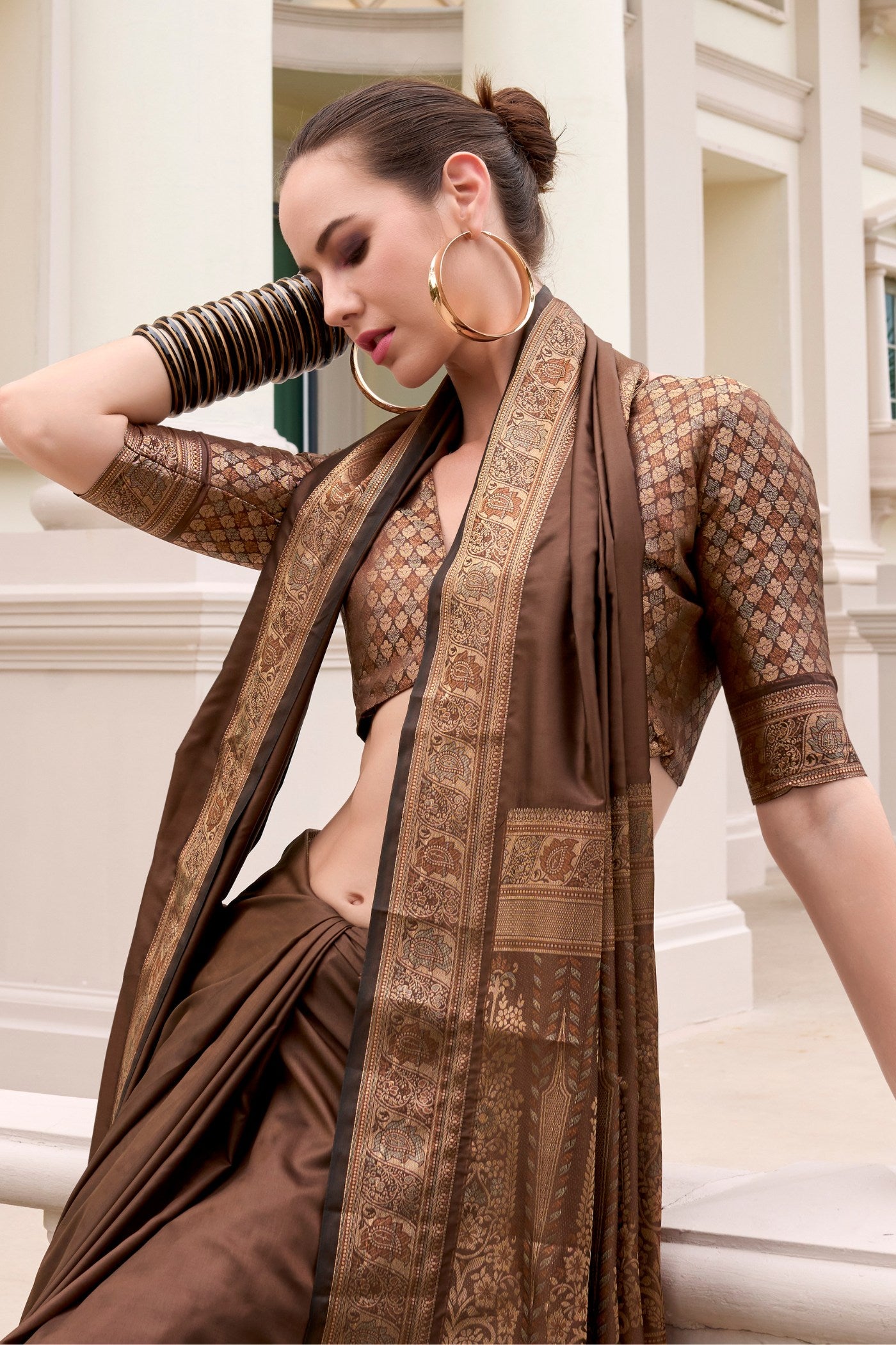 Buy MySilkLove Leather Brown Banarasi Handloom Saree Online