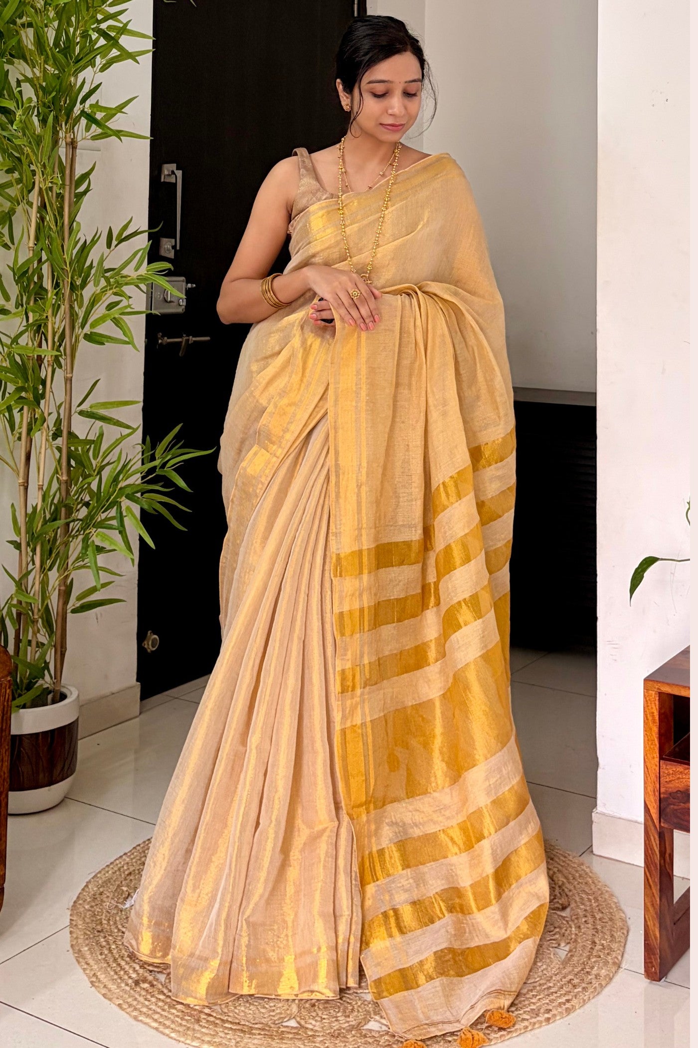 Buy MySilkLove Butter Cream Tissue Woven Silk Saree Online