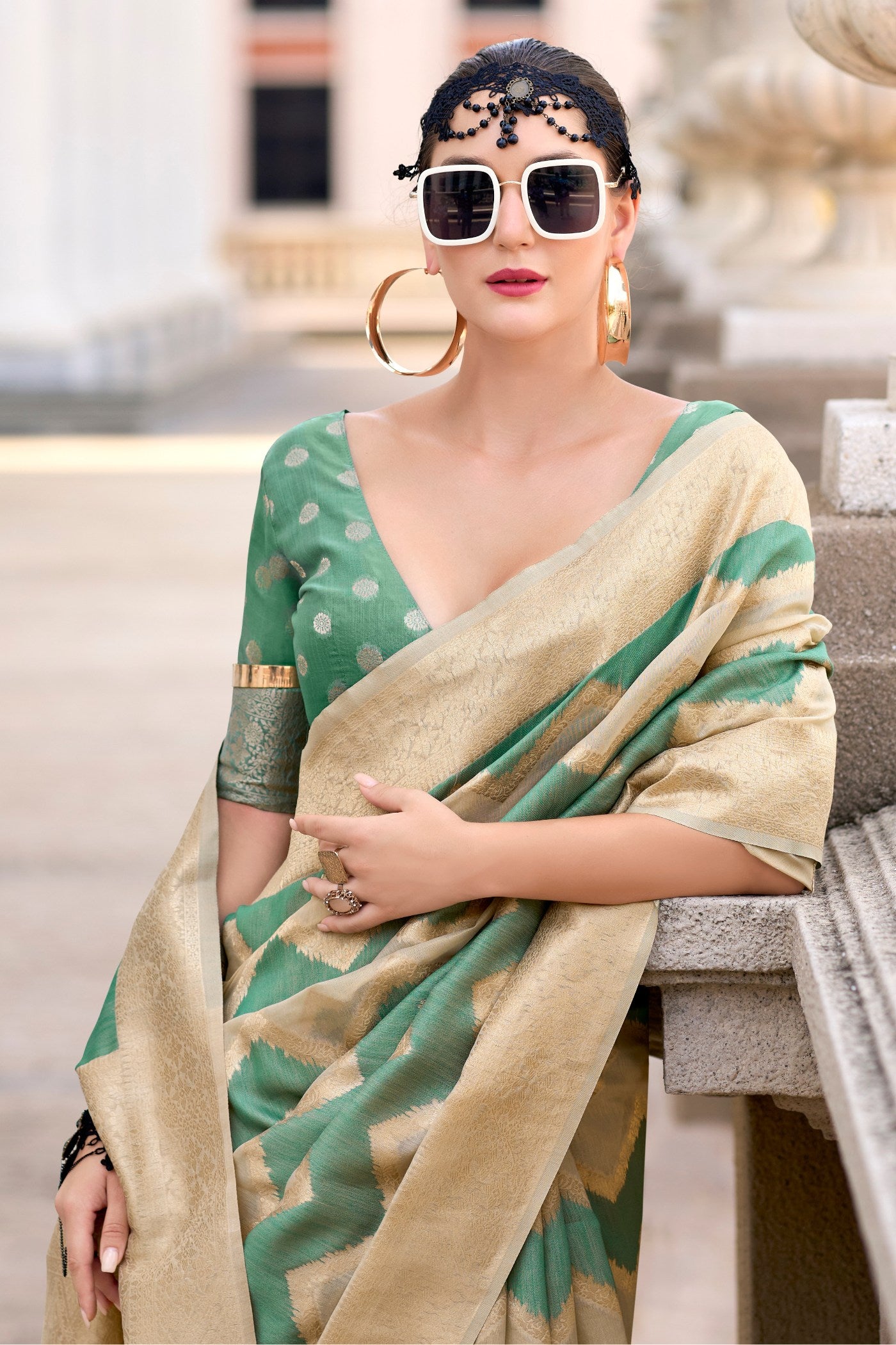 MySilkLove Cactus Green Woven Linen Cotton Saree