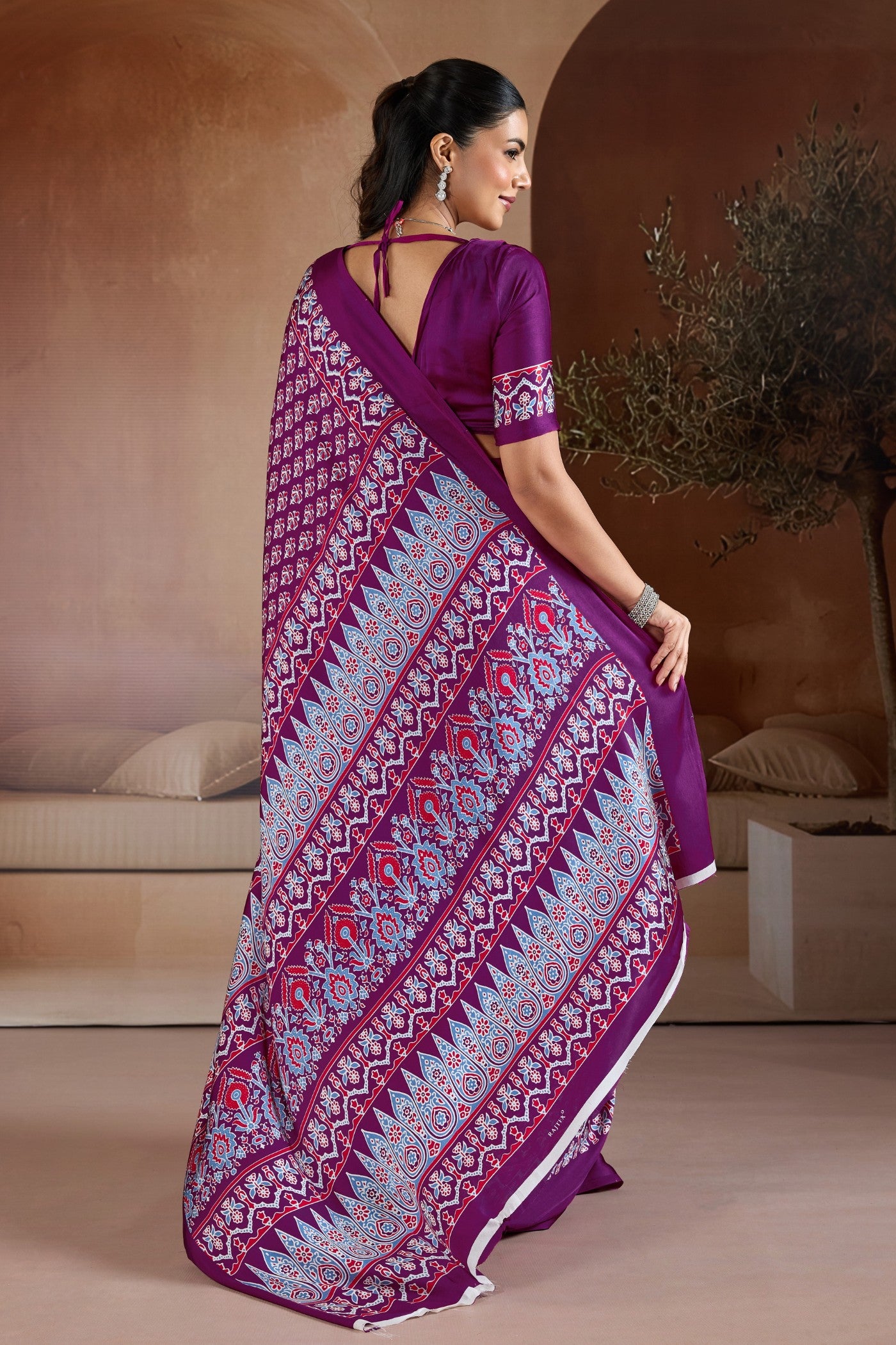 Buy MySilkLove Berry Purple Ajrakh Printed Satin Crepe Silk Saree Online