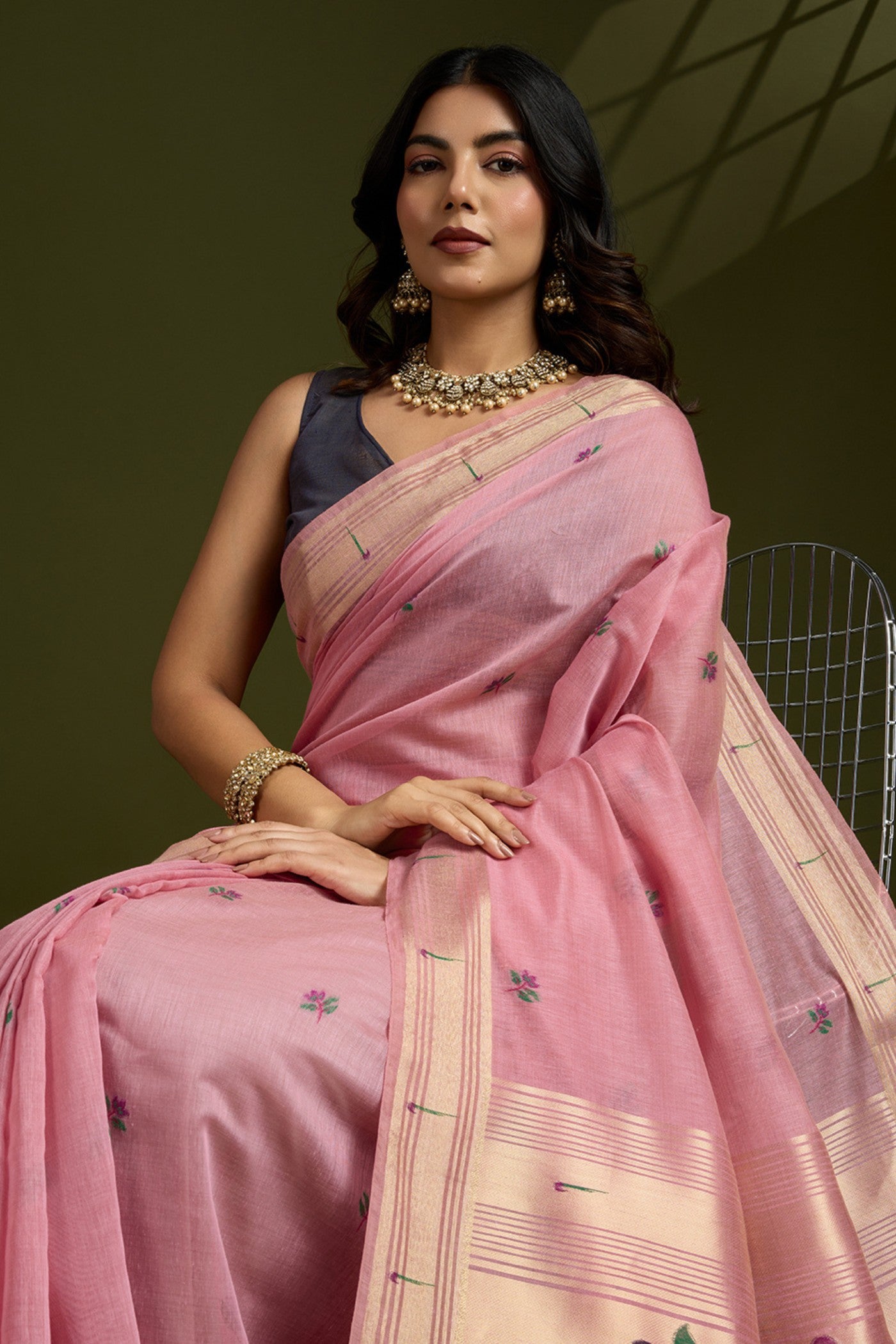 MySilkLove Pink Pearl Woven Muga Cotton Paithani Saree