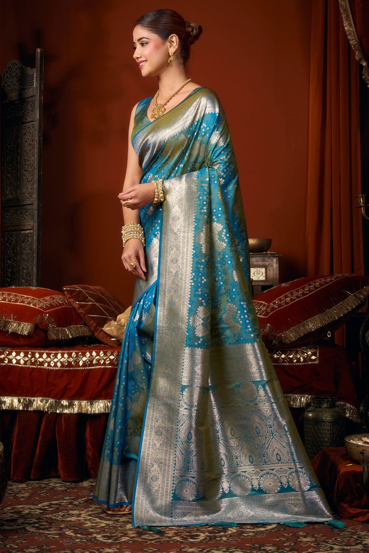 Buy MySilkLove Yale Blue Woven Banarasi Jacquard Soft Silk Saree Online