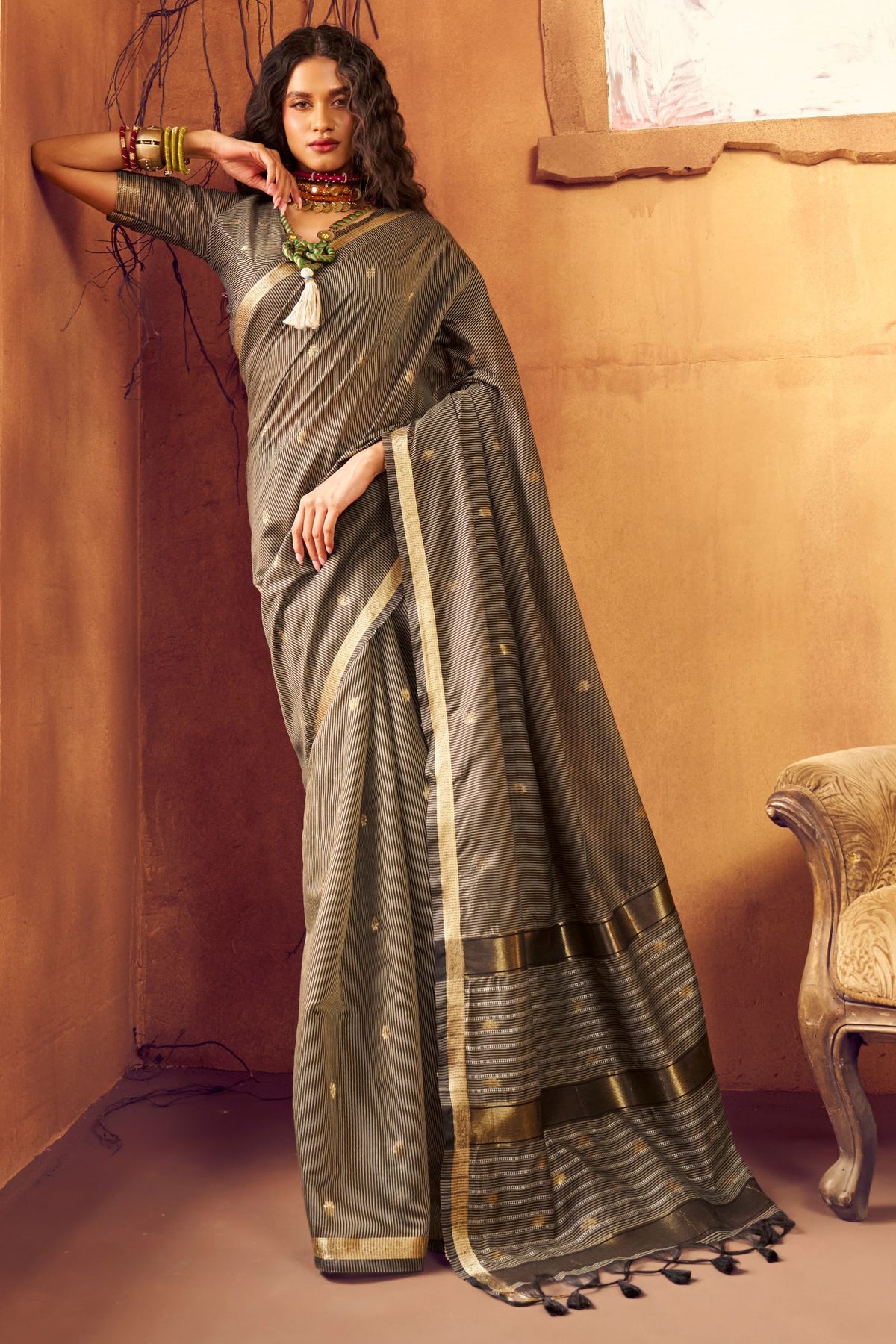 Buy MySilkLove Zodic Grey Banarasi Handloom Silk Saree Online
