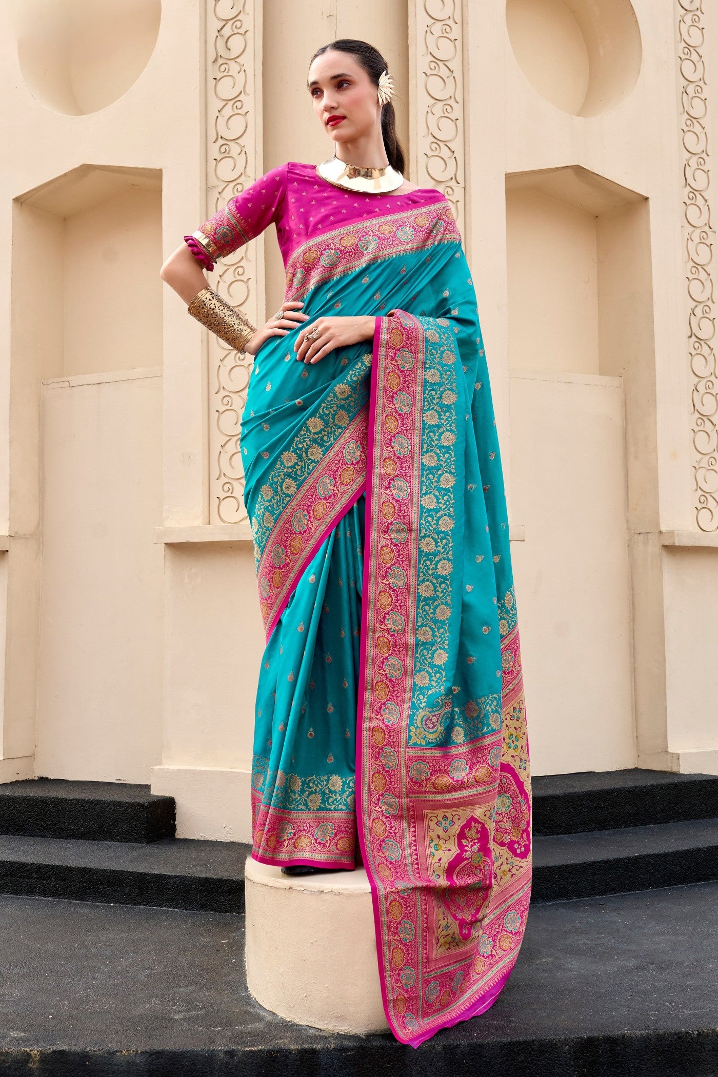 Buy MySilkLove Ocean Blue Woven Banarasi Saree Online