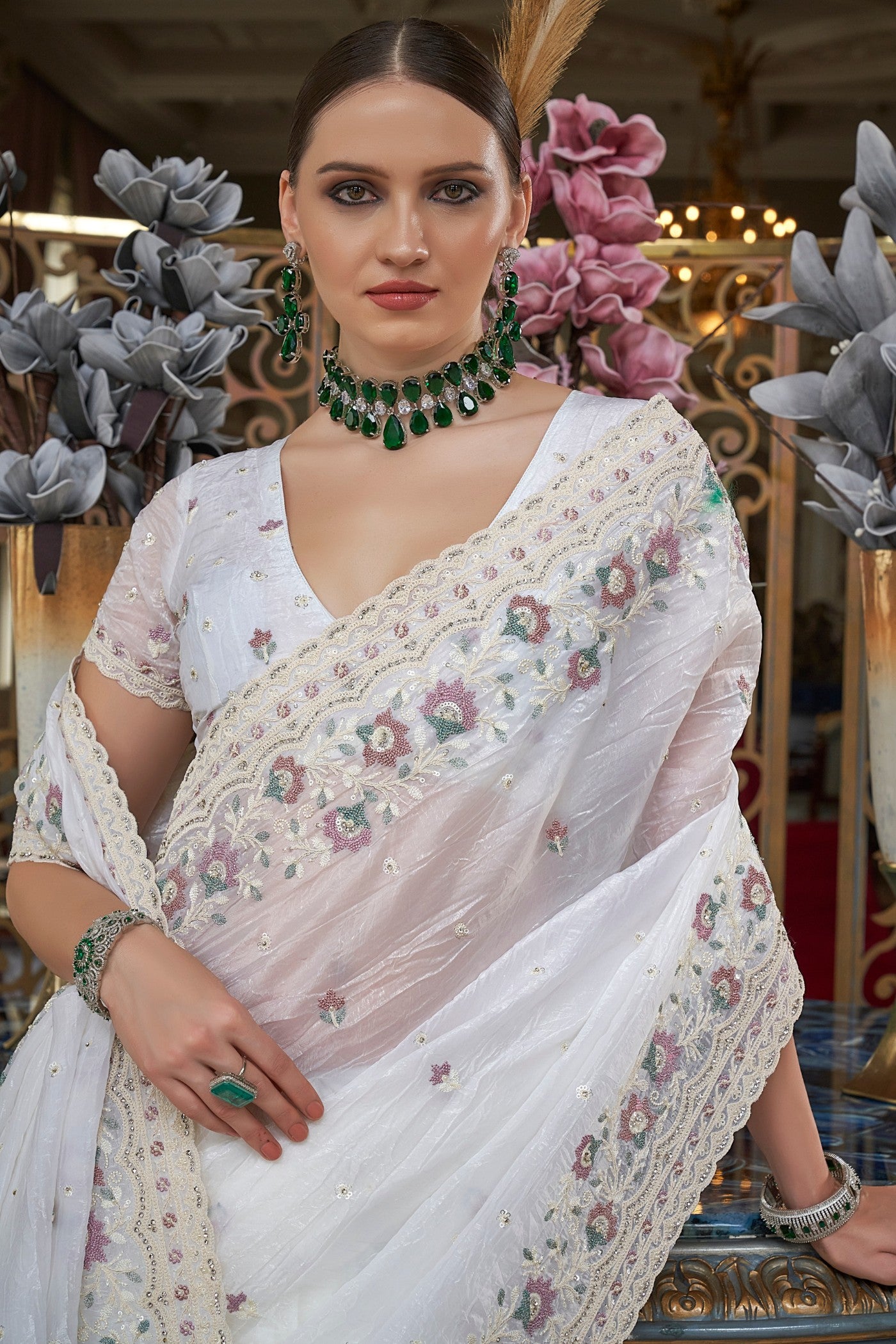 Buy MySilkLove Pearl White Embroidery Designer Saree Online