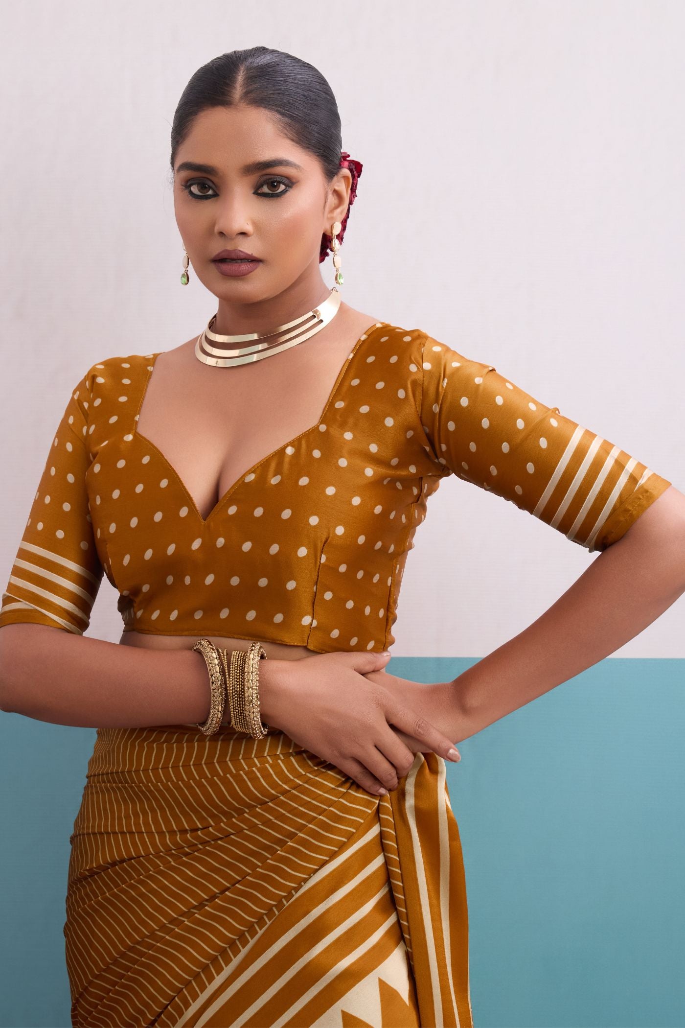 Buy MySilkLove Sunbeam Yellow Stripe Ajrakh Printed Satin Crepe Silk Saree Online