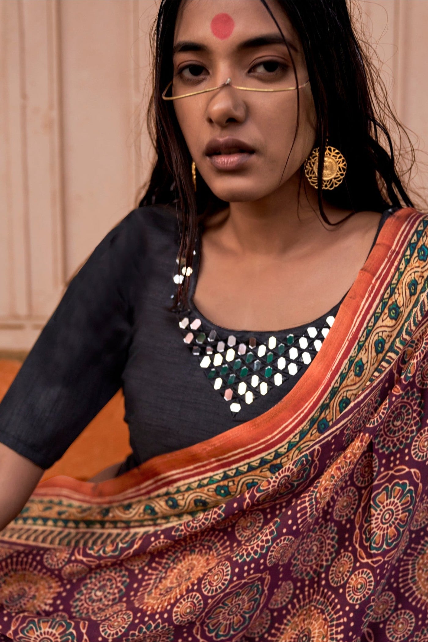 Buy MySilkLove Coca Brown and Orange Ajrakh Handprinted Satin Saree Online