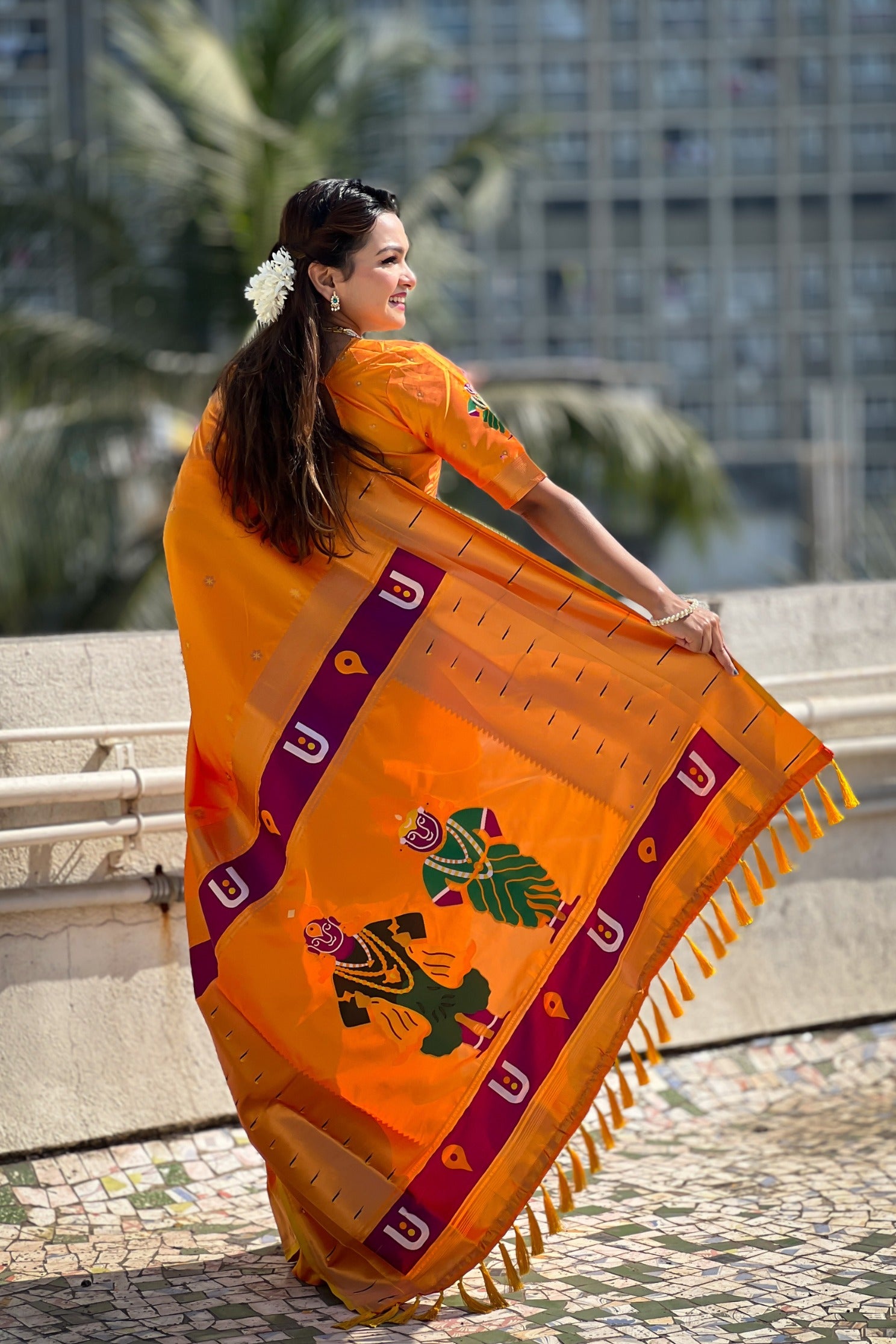 MySilkLove Neon Orange Woven Paithani Saree