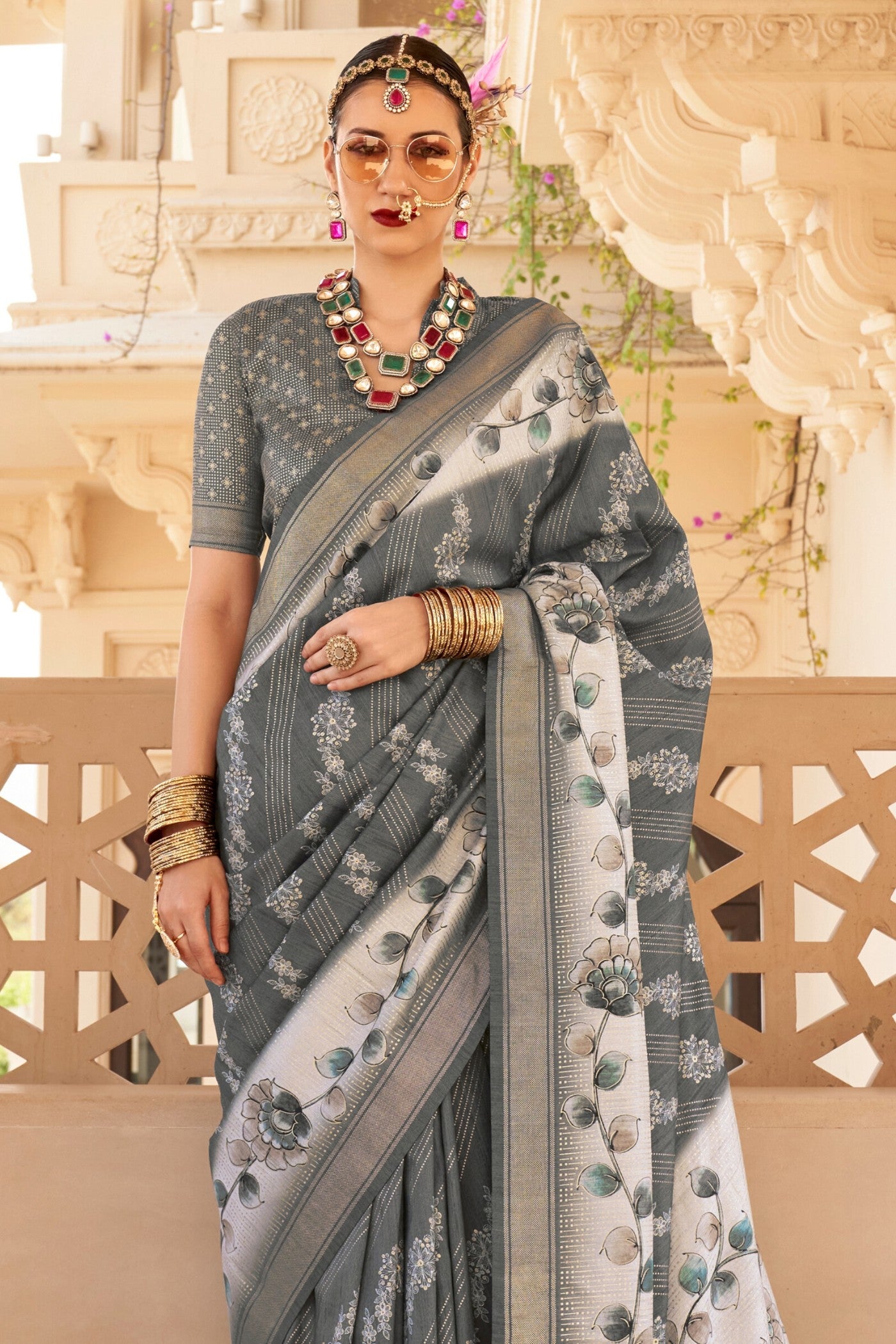 Buy MySilkLove Ironside Grey Floral Printed Banarasi Saree Online