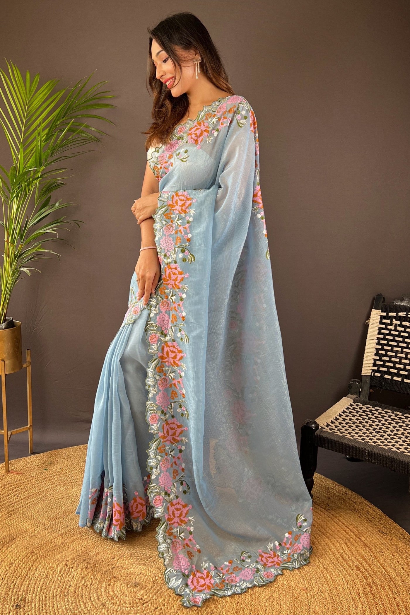 Buy MySilkLove Columbia Blue Embroidered Party Wear Saree Online