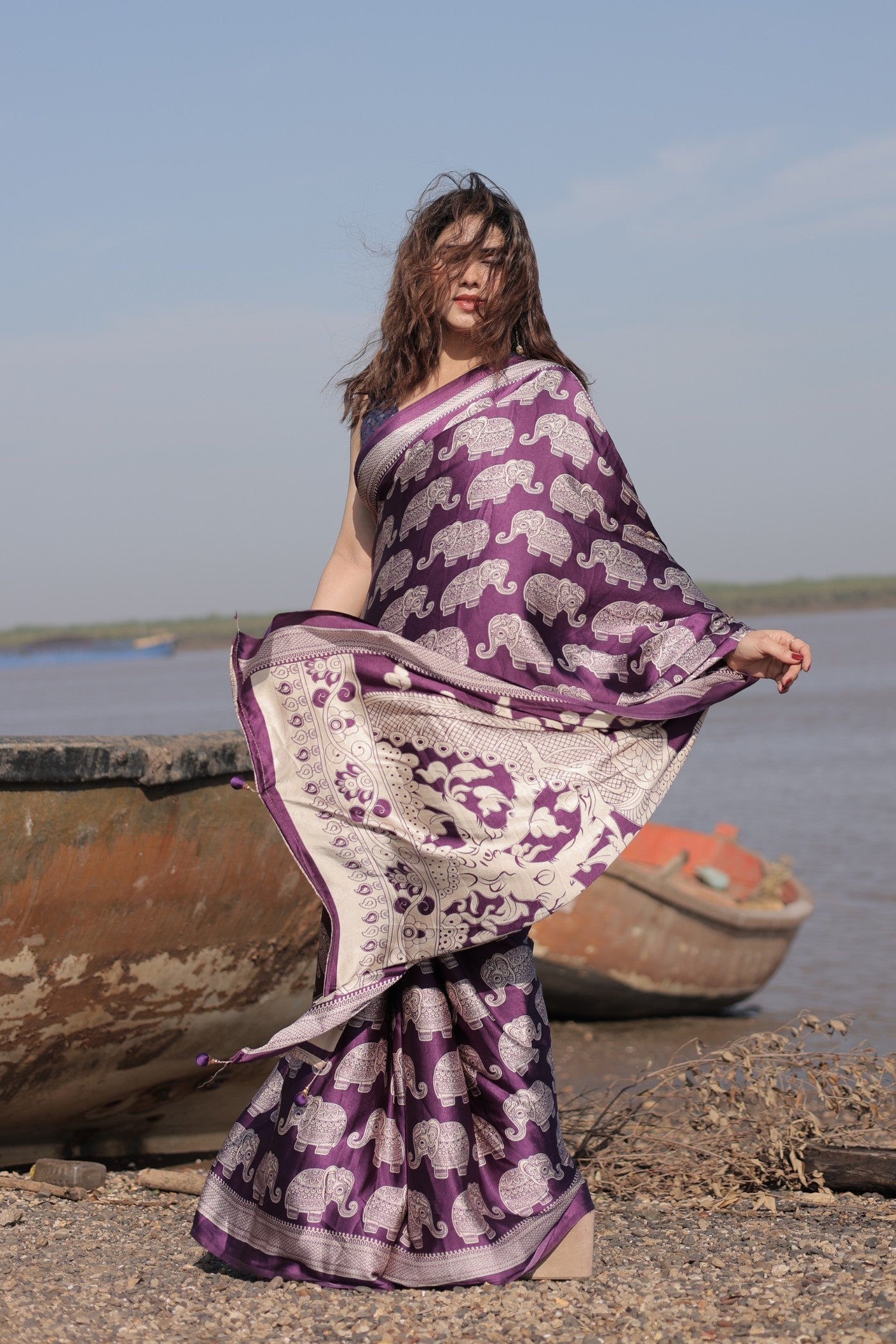 Buy MySilkLove Haze Purple Ajrakh Printed Satin Crepe Silk Saree Online