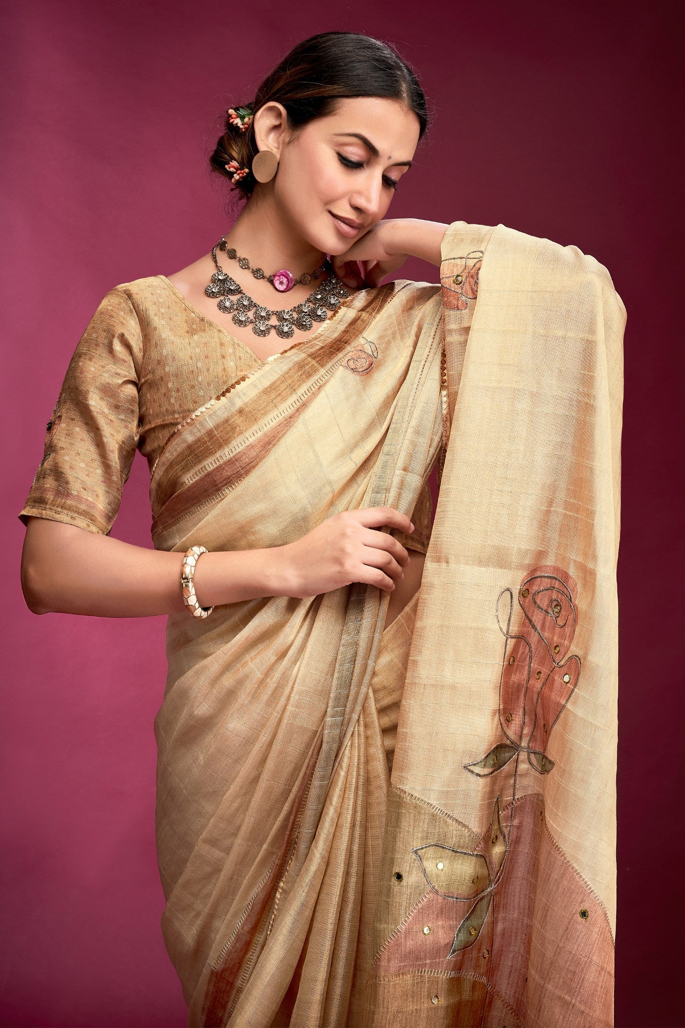 Buy MySilkLove Butter Cream Woven Tussar Silk Saree Online