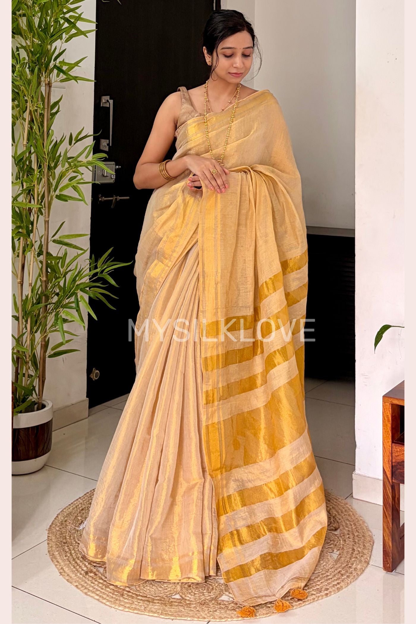 Buy MySilkLove Butter Cream Tissue Woven Silk Saree Online