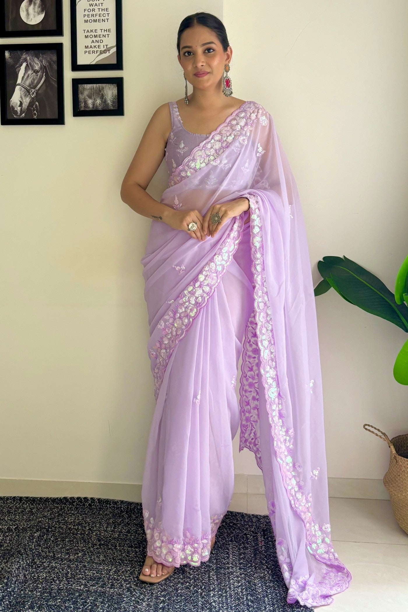 Buy MySilkLove Cherub Lavender Embroidery Georgette saree Online