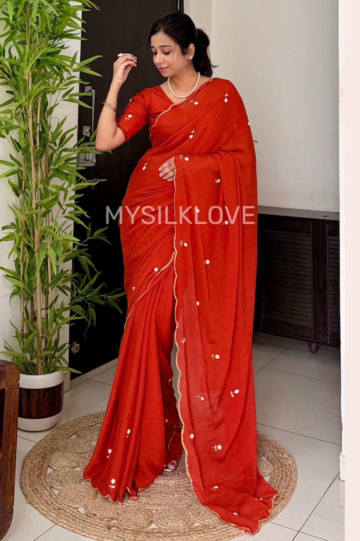 Buy MySilkLove Burnt Orange Georgette Floral Sequins Bid Work Saree Online