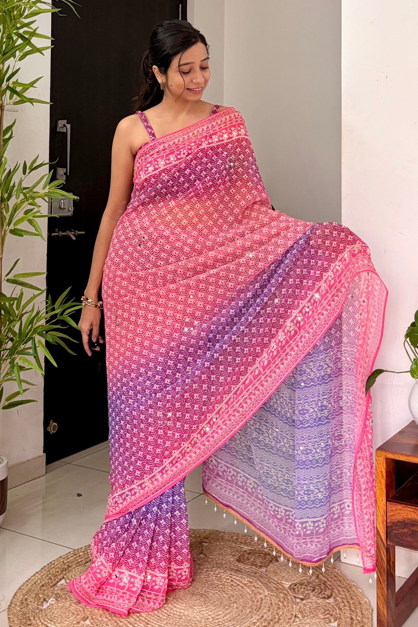 Buy MySilkLove Kareena Kapoor Inspired: Pink Ajrakh Georgette Mirror Work Saree Online