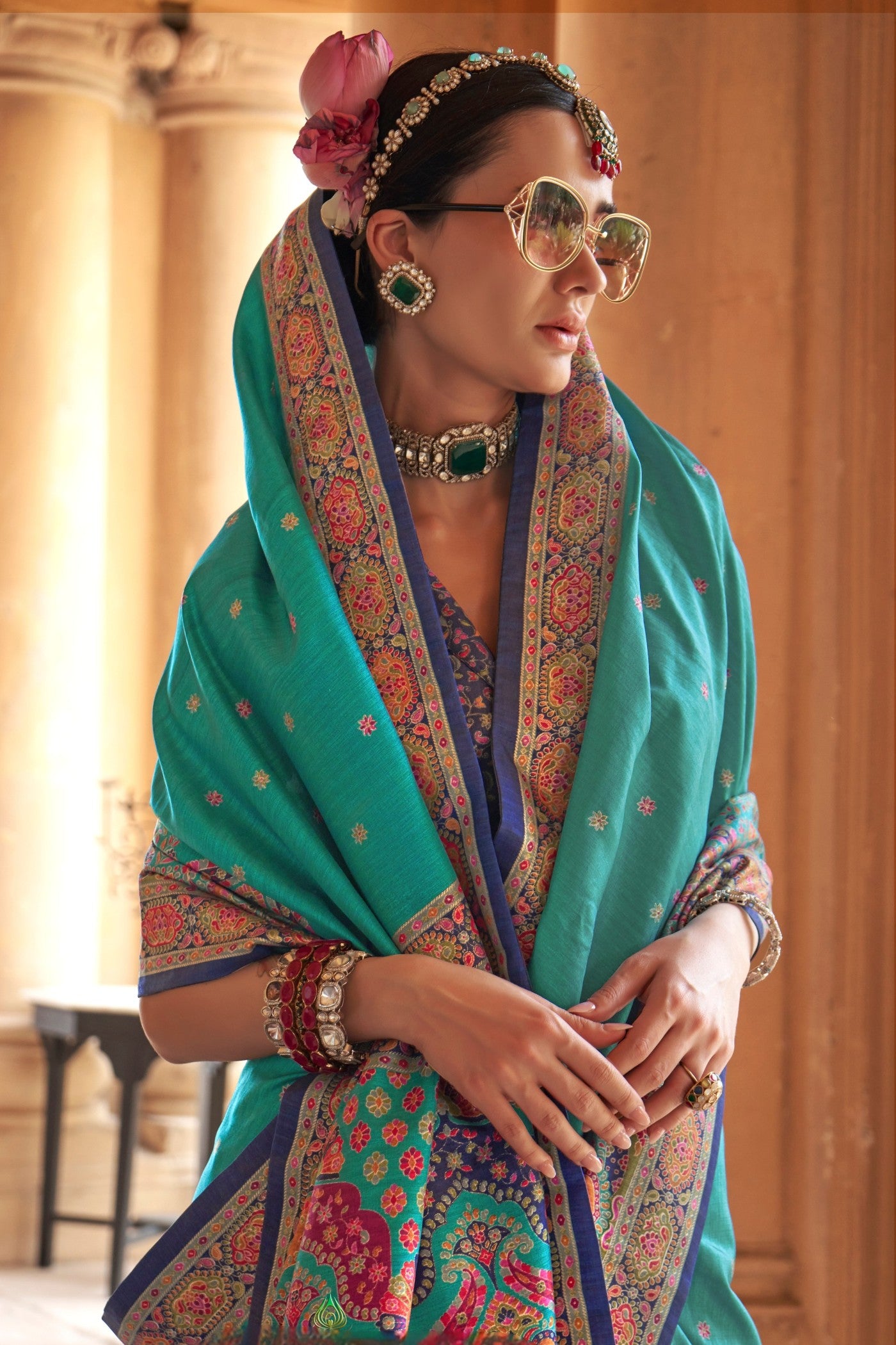 MySilkLove Turquoise Green Printed Banarasi Saree