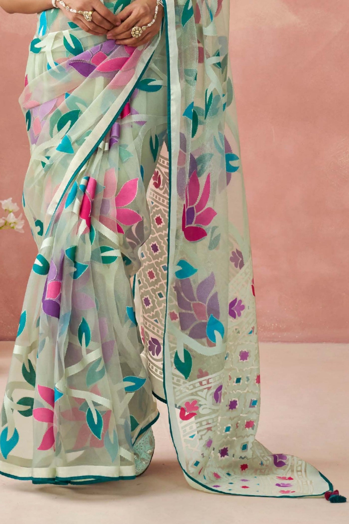 Buy MySilkLove Elm Blue and White Brasso Organza Printed Saree Online