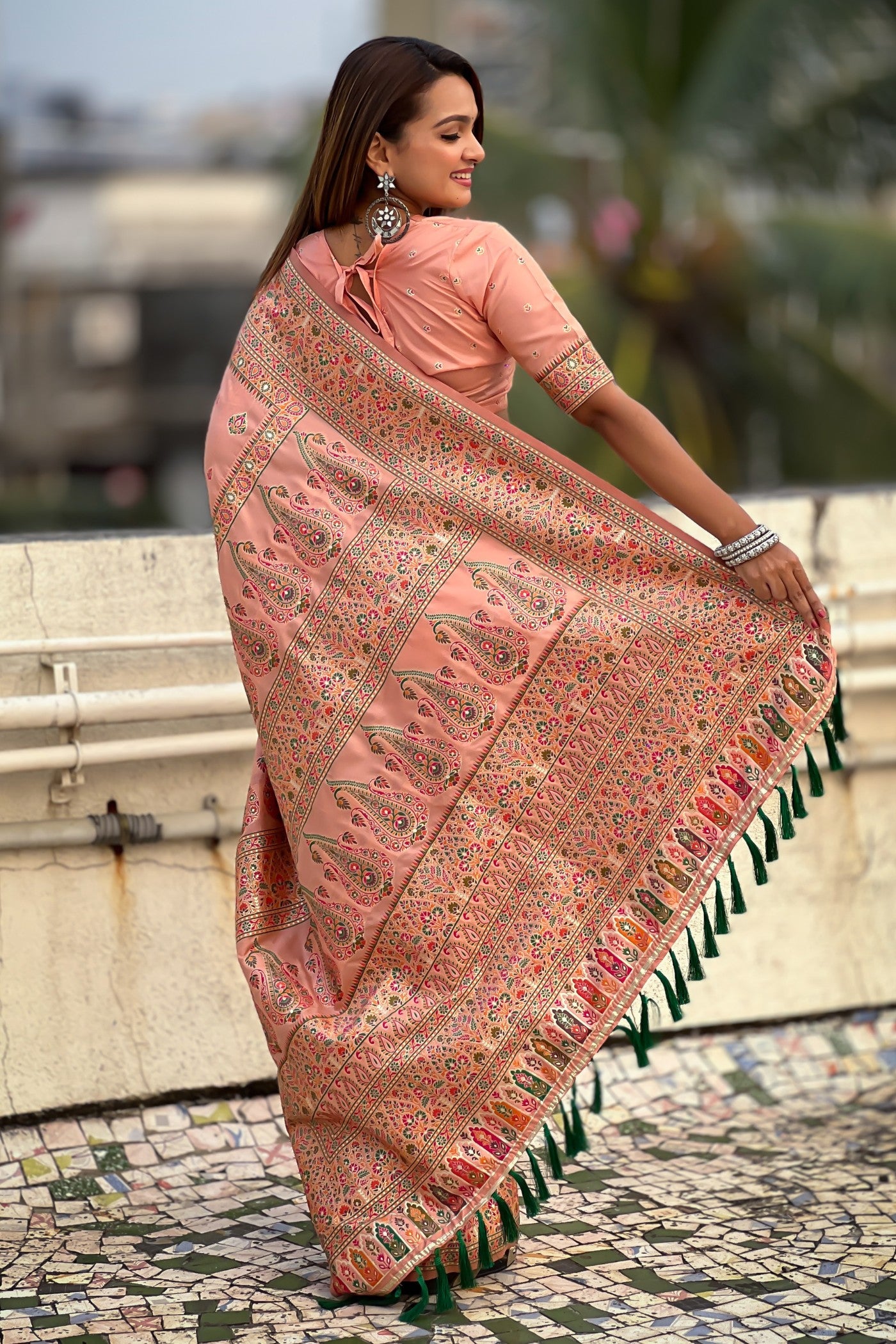 MySilkLove Salmon Run Peach Kashmiri Jamewar Saree