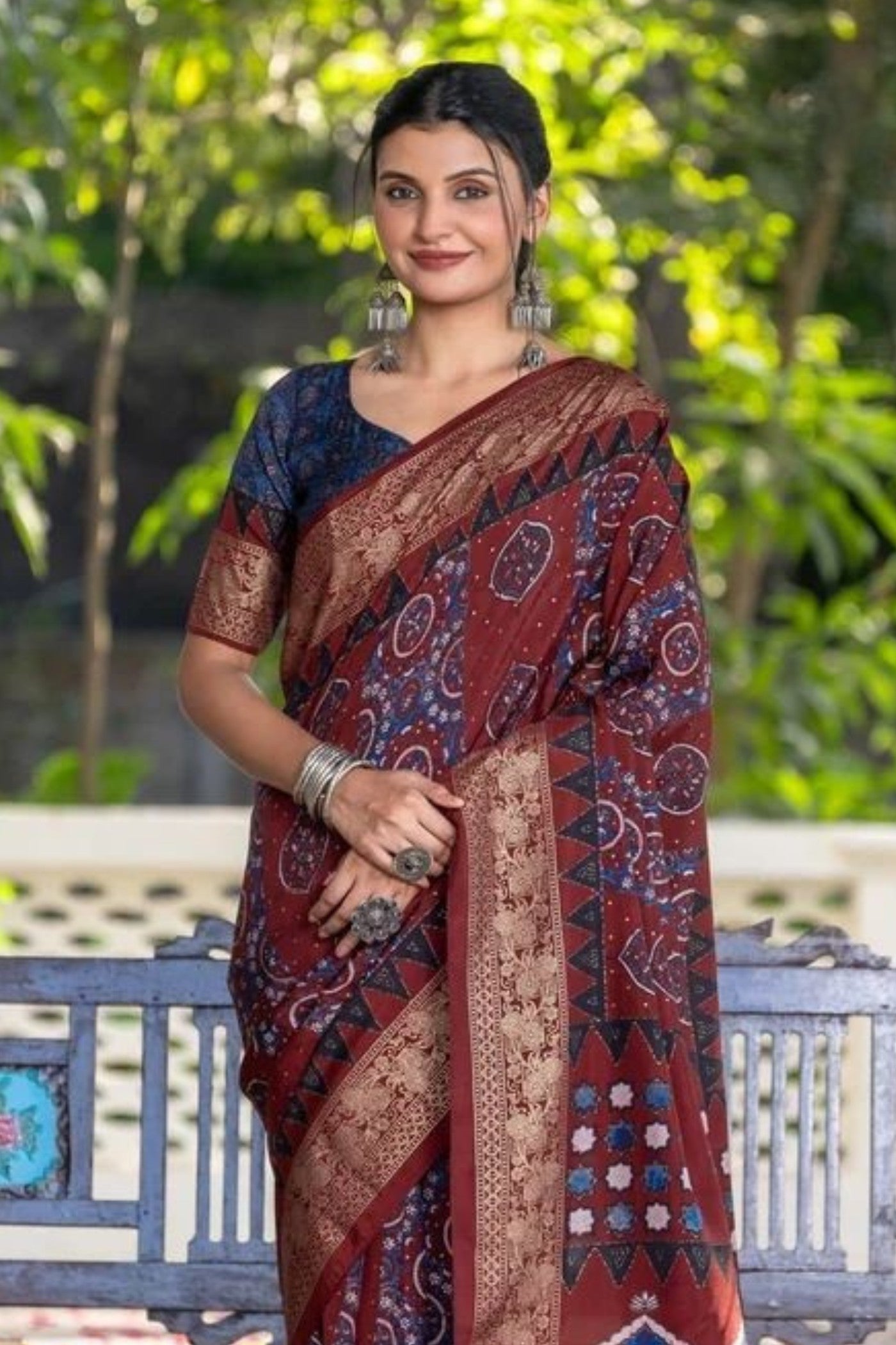 MySilkLove Walnut Brown Ajrakh Digital Printed Satin Saree