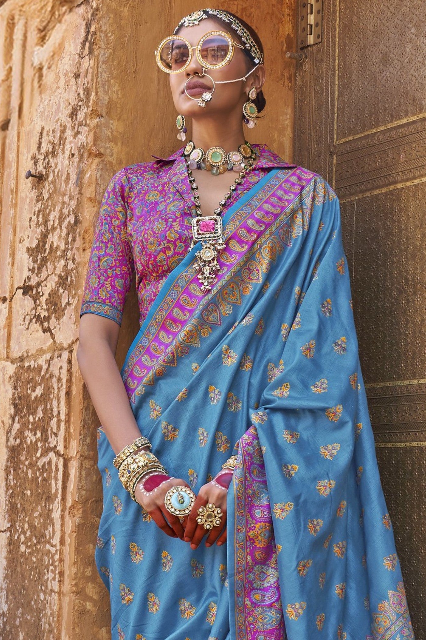 Buy MySilkLove Hyacinth Blue Banarasi Jamawar Saree Online