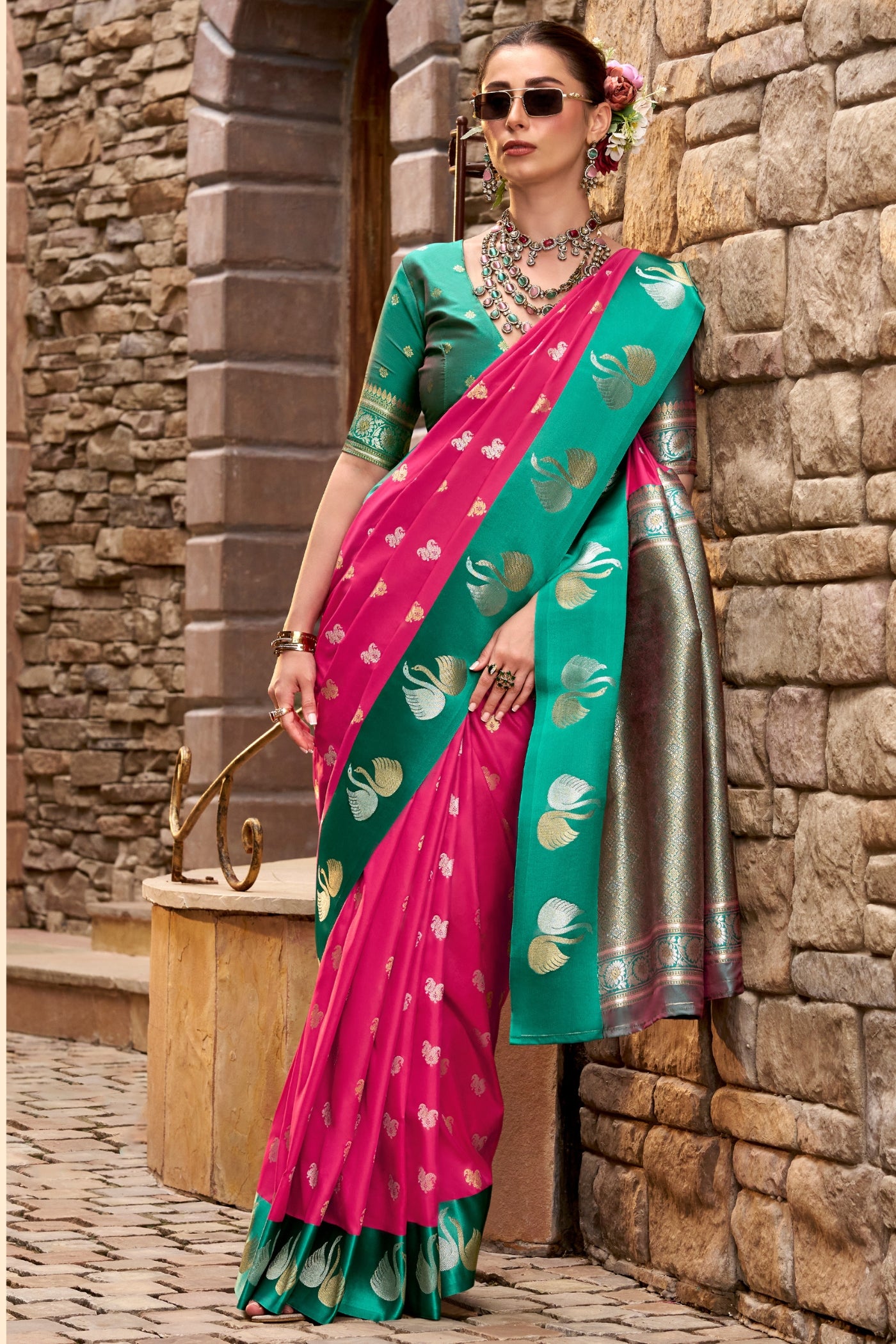 Buy MySilkLove Hot Pink Woven Satin Soft Silk Saree Online