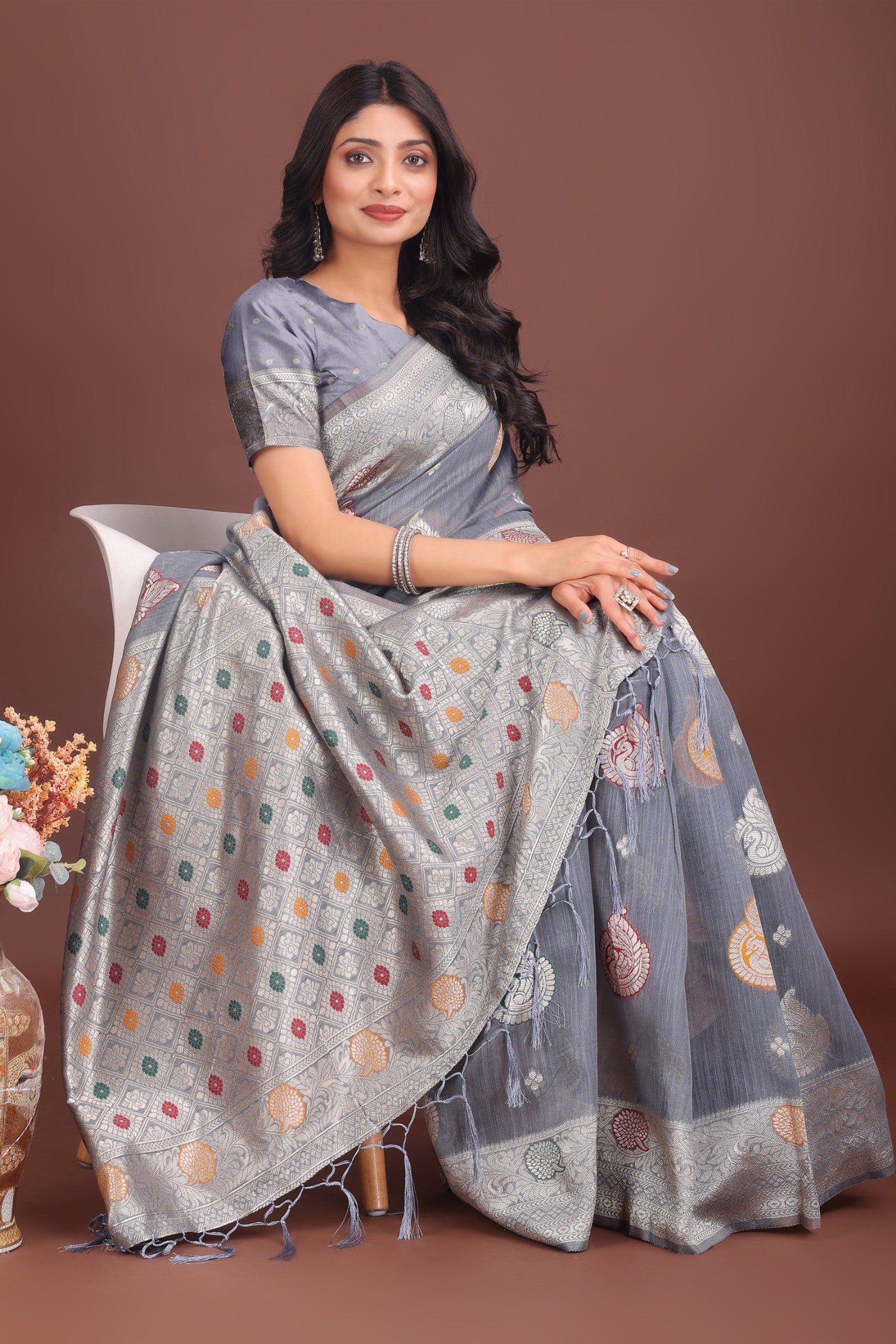 Buy MySilkLove Coral Grey Linen Cotton Saree Online