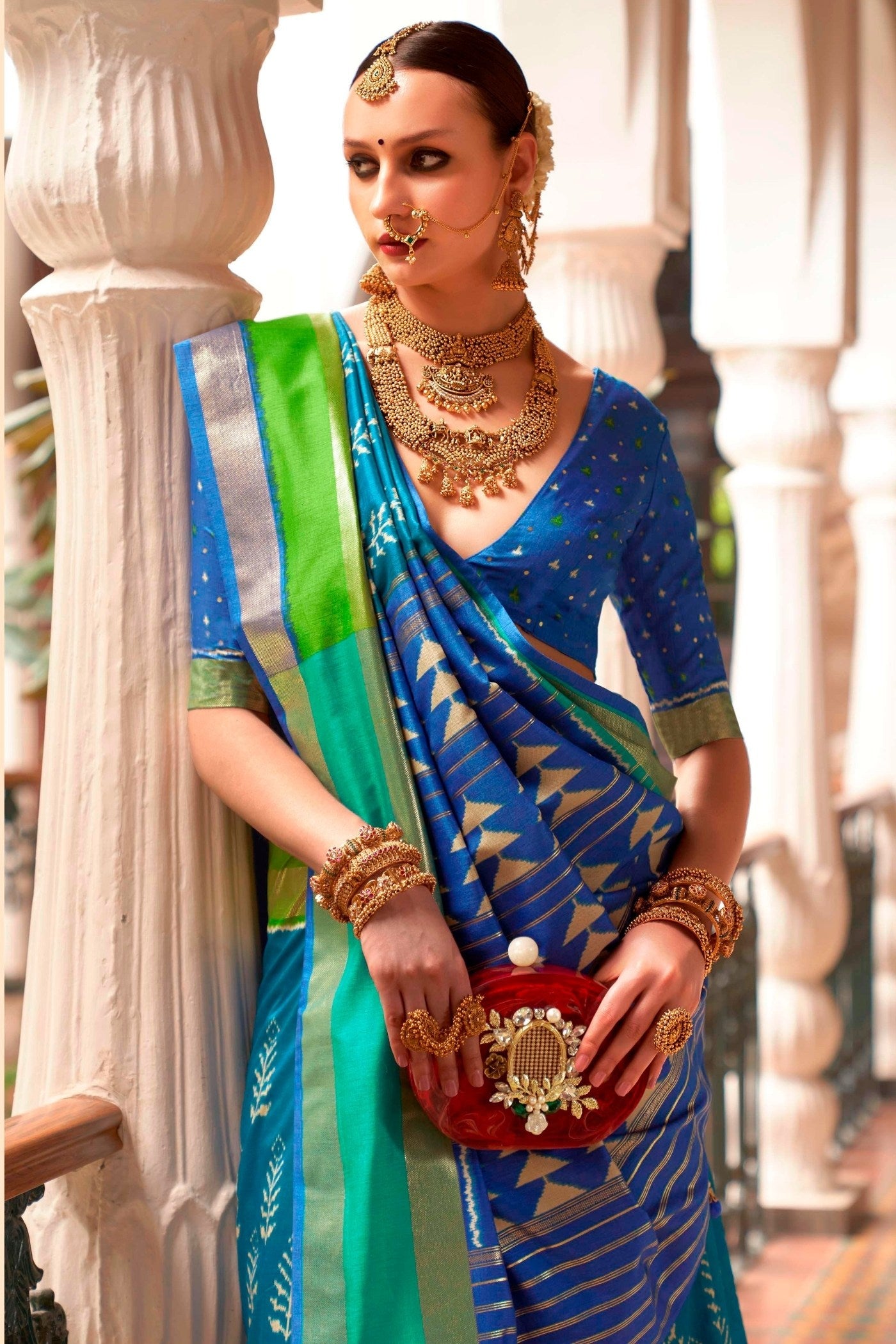 MySilkLove Charm Blue and Green Printed Patola Saree