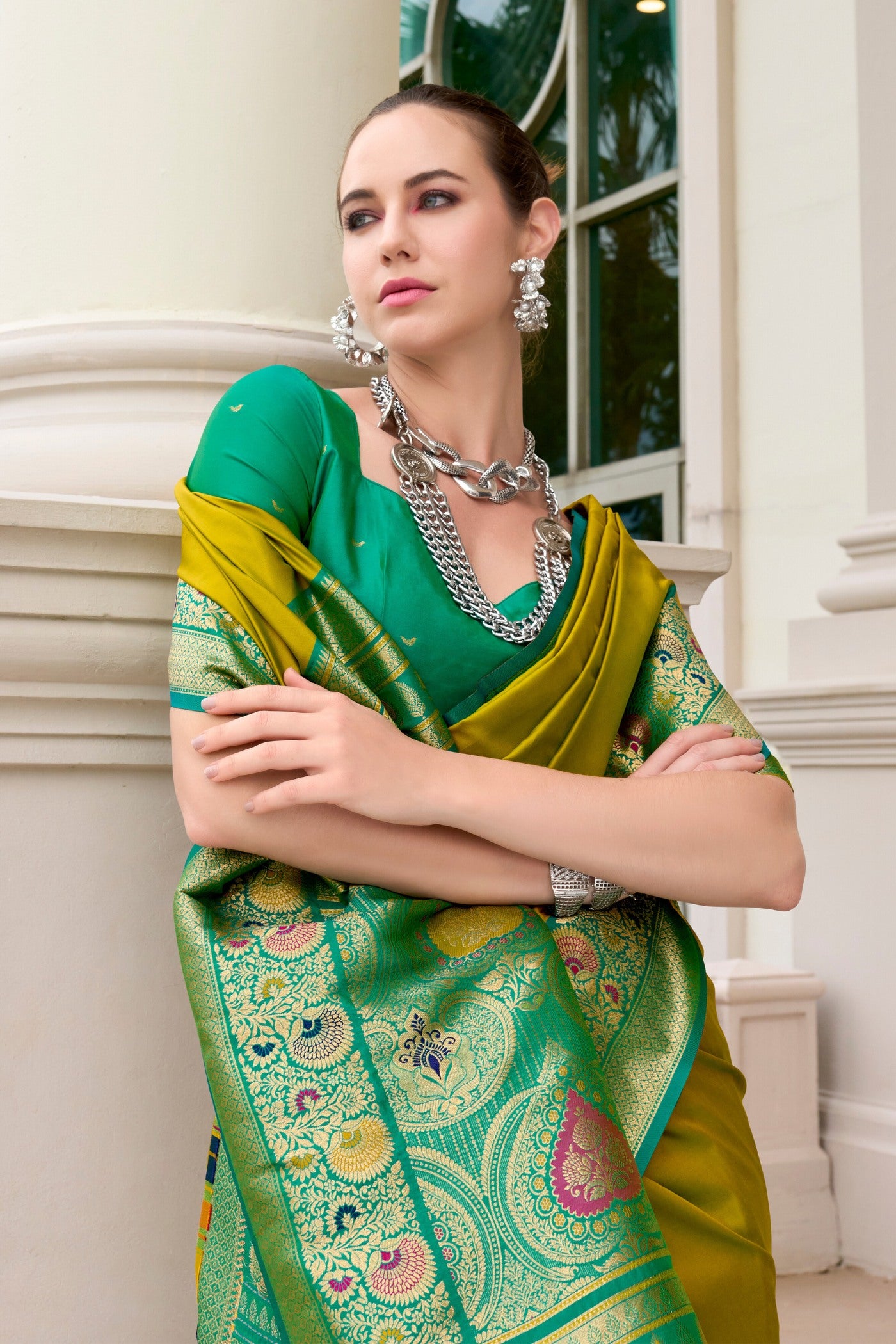 Buy MySilkLove Galliano Green Woven Banarasi Soft Silk Saree Online