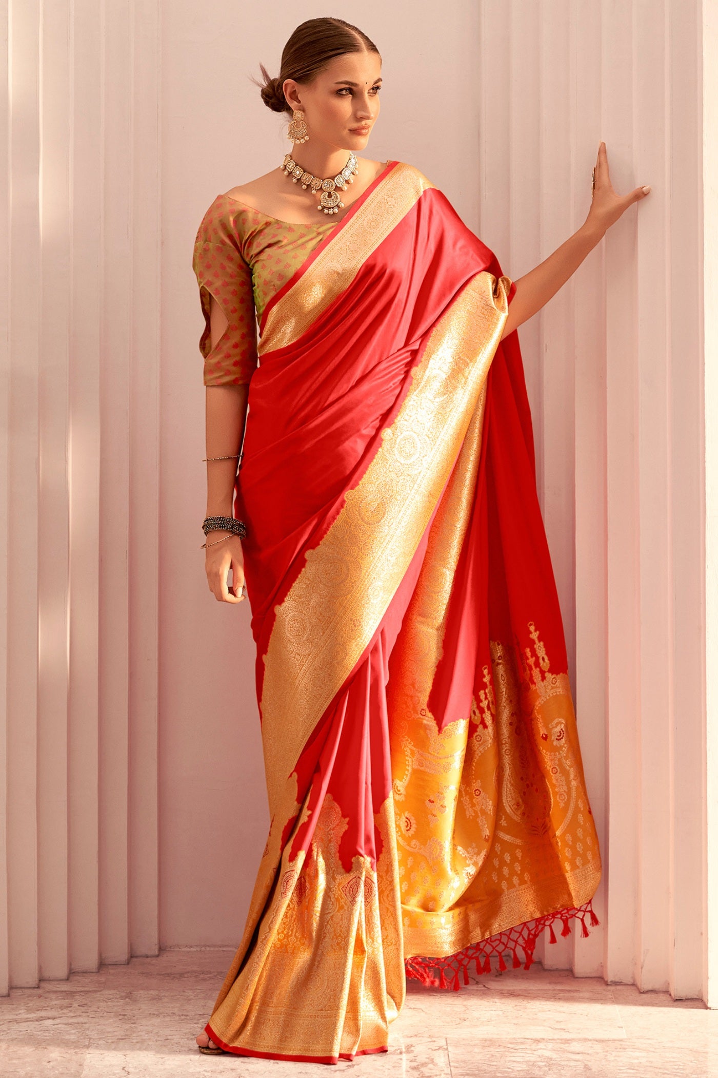 Buy MySilkLove Fire Red Woven Banarasi Soft Silk Saree Online