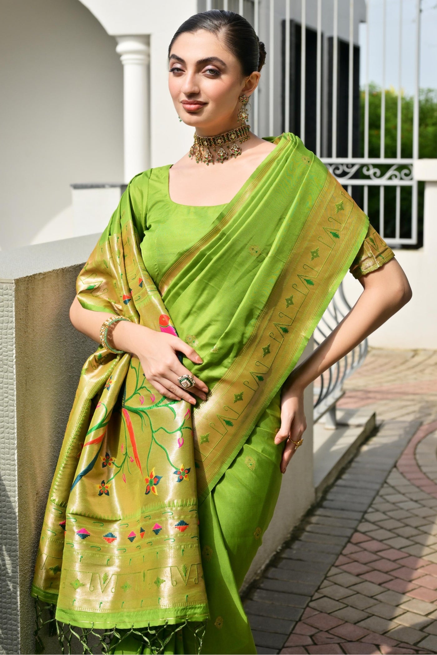 MySilkLove Gladiolus Green Woven Paithani Saree