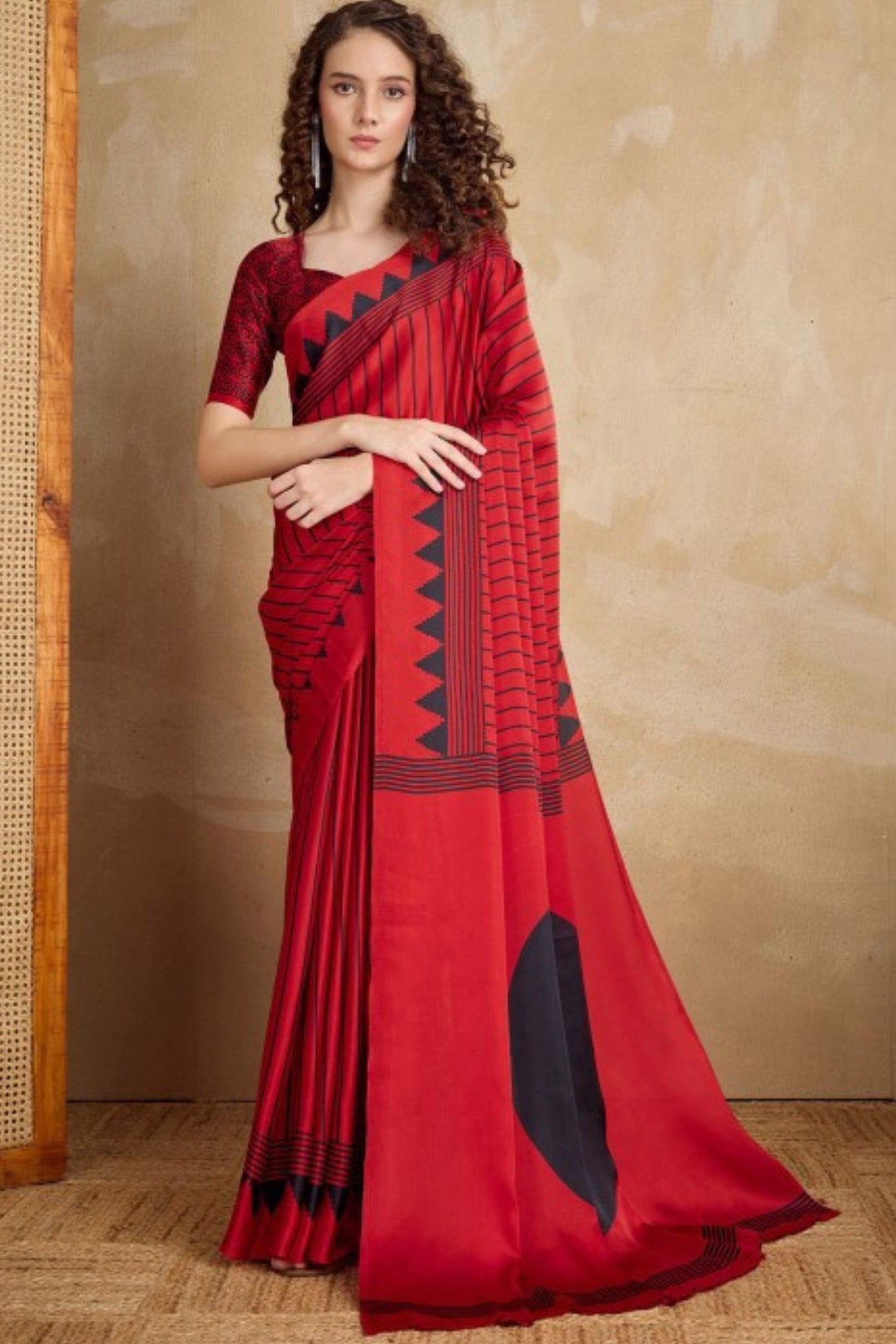 Buy MySilkLove Pomegranate Red Ajrakh Printed Satin Crepe Silk Saree Online