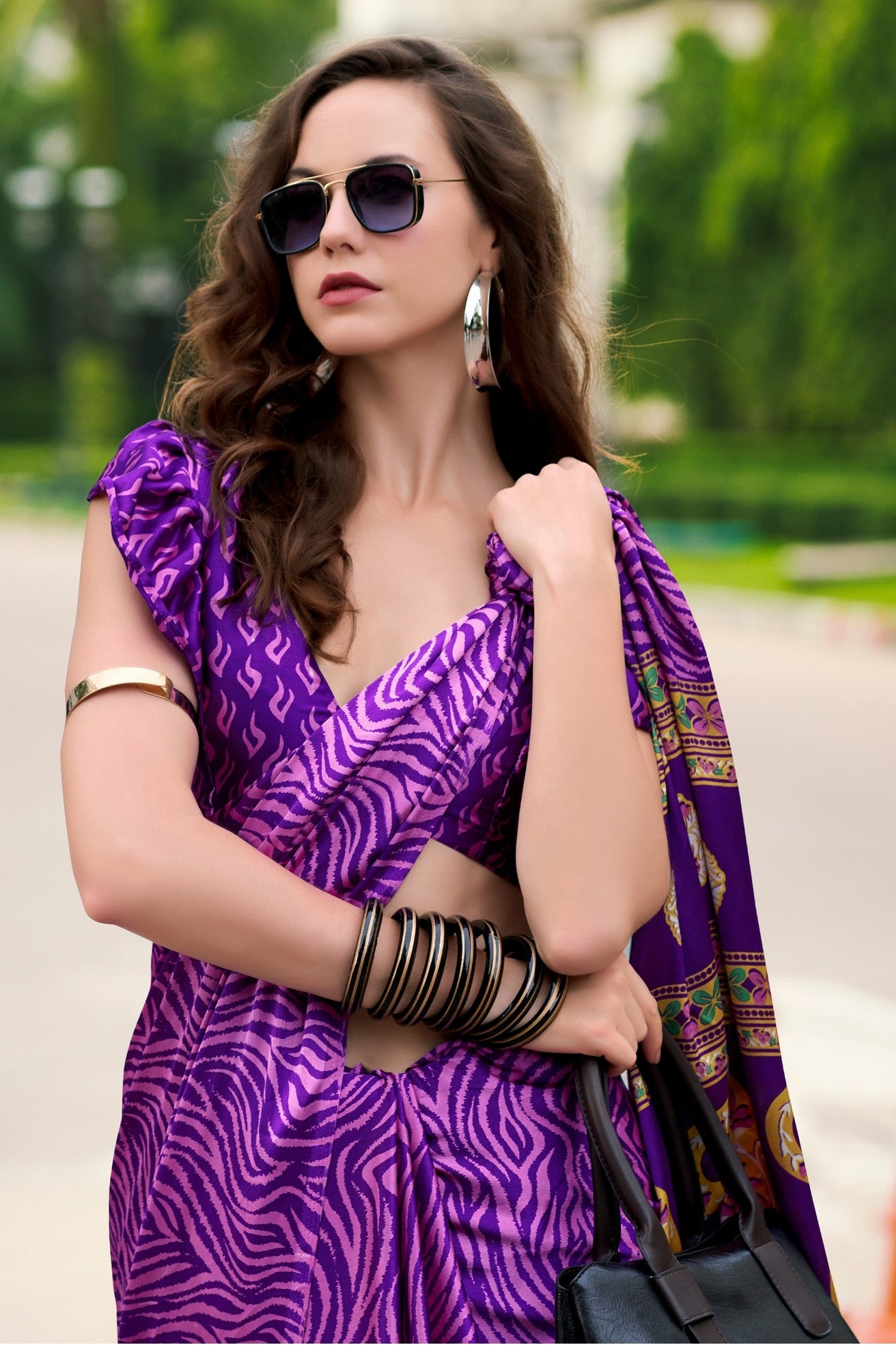 Buy MySilkLove Violet Purple Printed Satin Crepe Saree Online